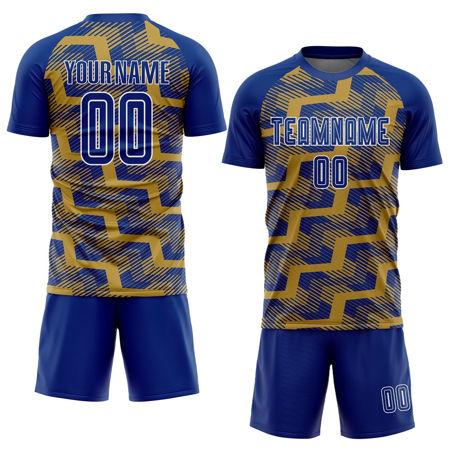 Custom Royal Old Gold-White Line Sublimation Soccer Uniform Jersey view 2