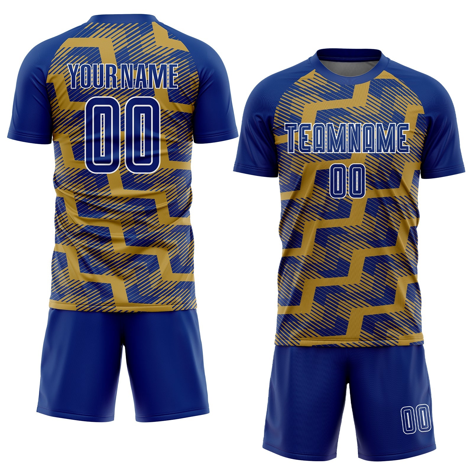 Custom Royal Old Gold-White Line Sublimation Soccer Uniform Jersey view 2