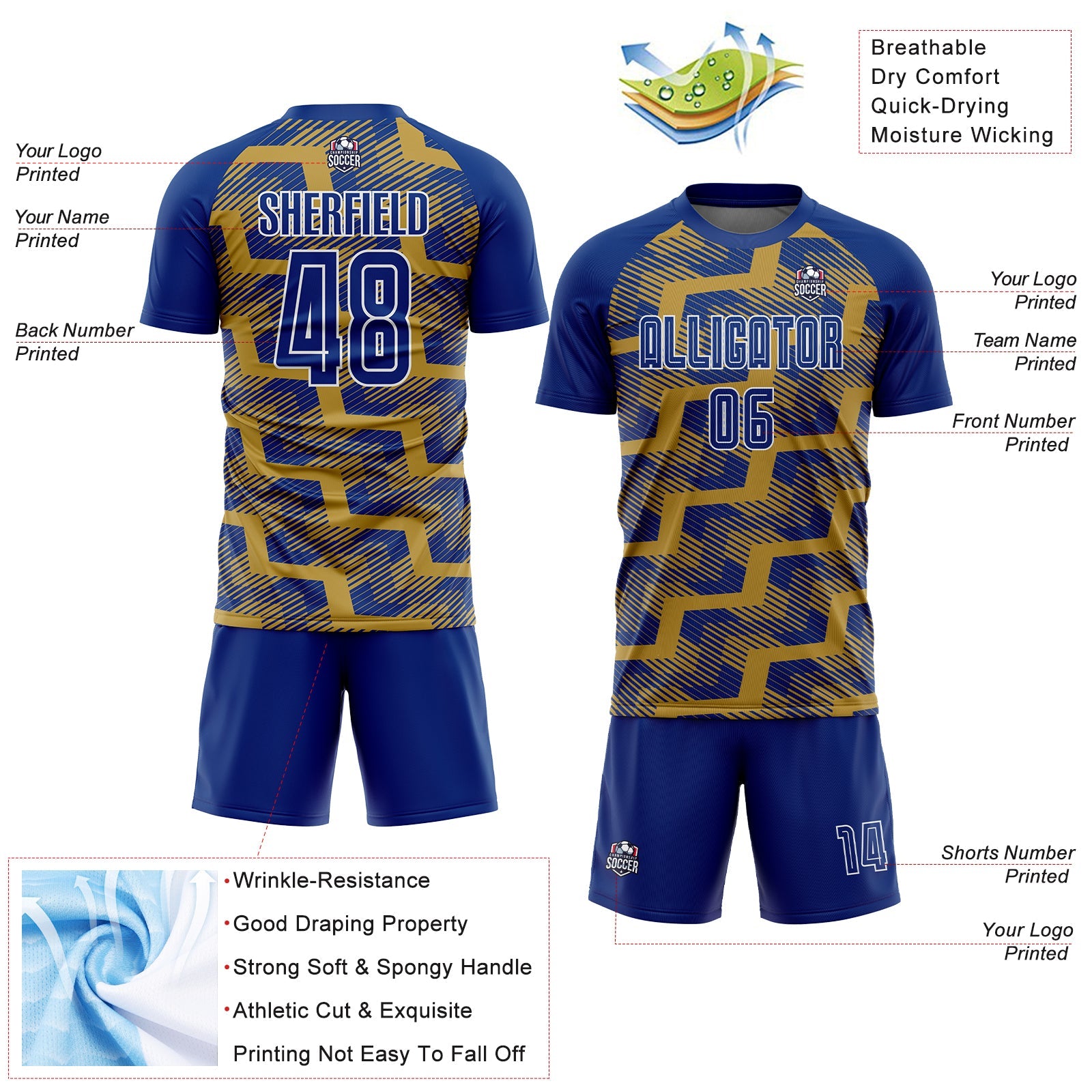 Custom Royal Old Gold-White Line Sublimation Soccer Uniform Jersey view 4