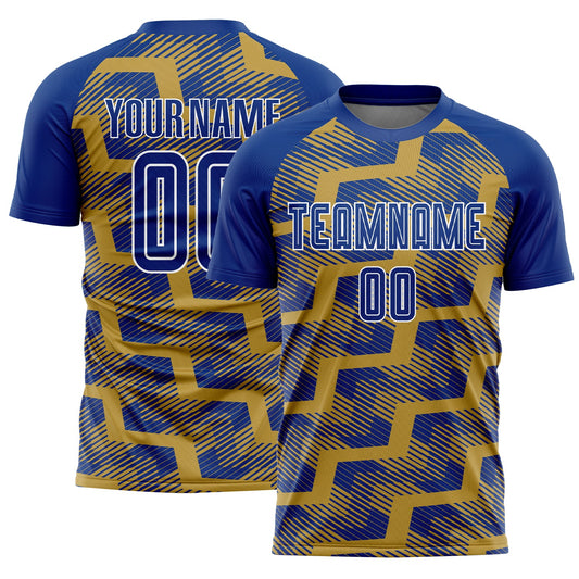 Custom Royal Old Gold-White Line Sublimation Soccer Uniform Jersey - Main View