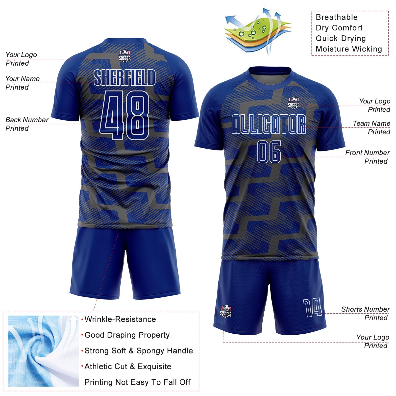 Custom Royal Steel Gray-White Line Sublimation Soccer Uniform Jersey view 4