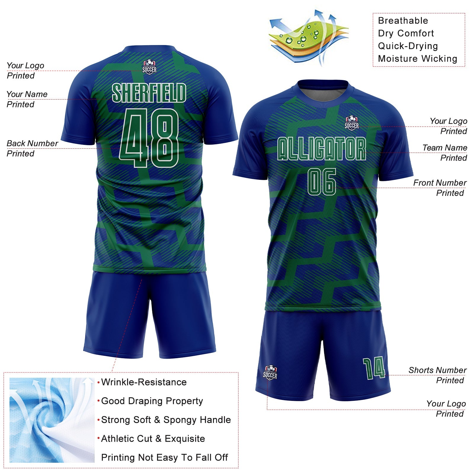 Custom Royal Kelly Green-White Line Sublimation Soccer Uniform Jersey view 4