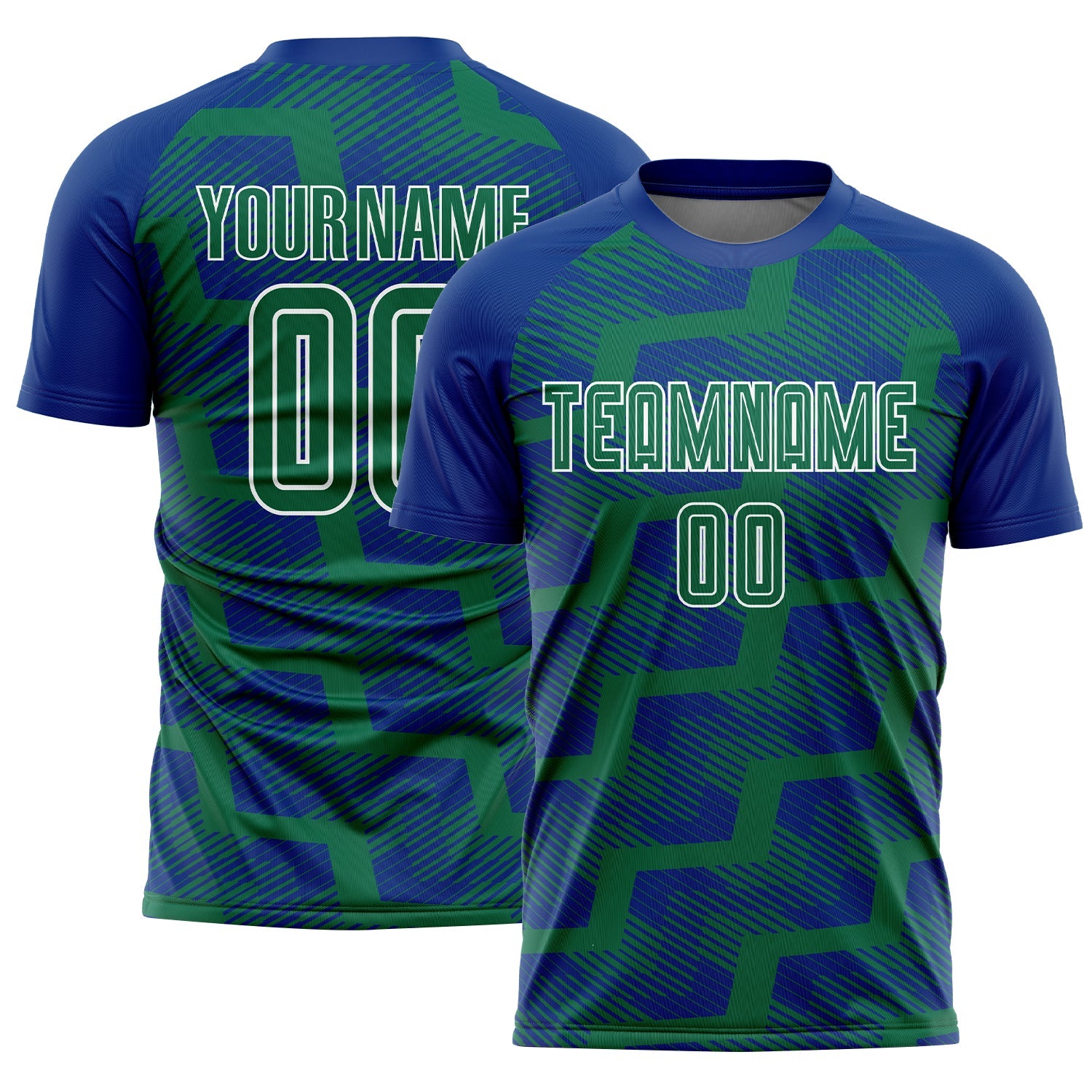 Custom Royal Kelly Green-White Line Sublimation Soccer Uniform Jersey - Main View