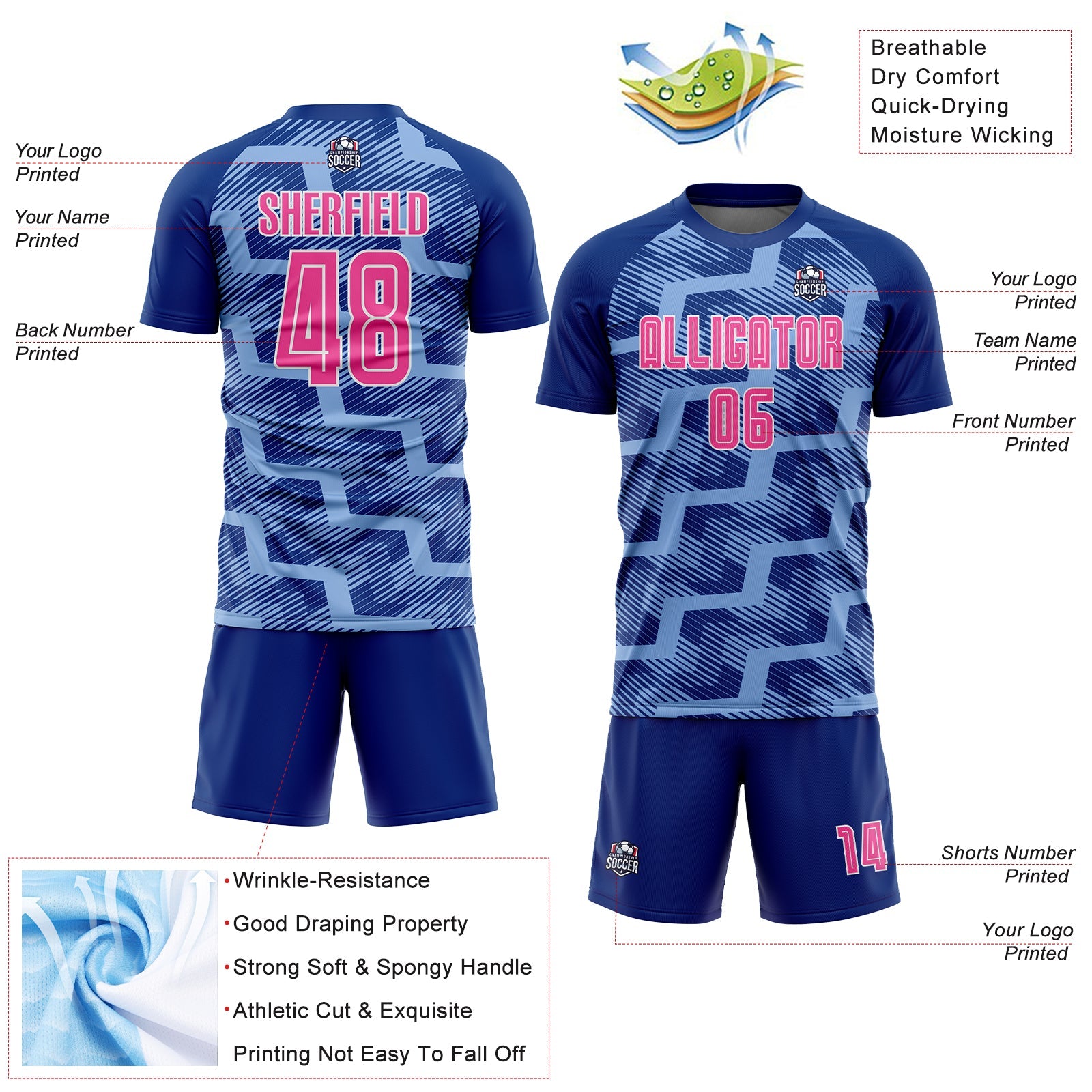 Custom Royal Pink-Light Blue Line Sublimation Soccer Uniform Jersey view 4