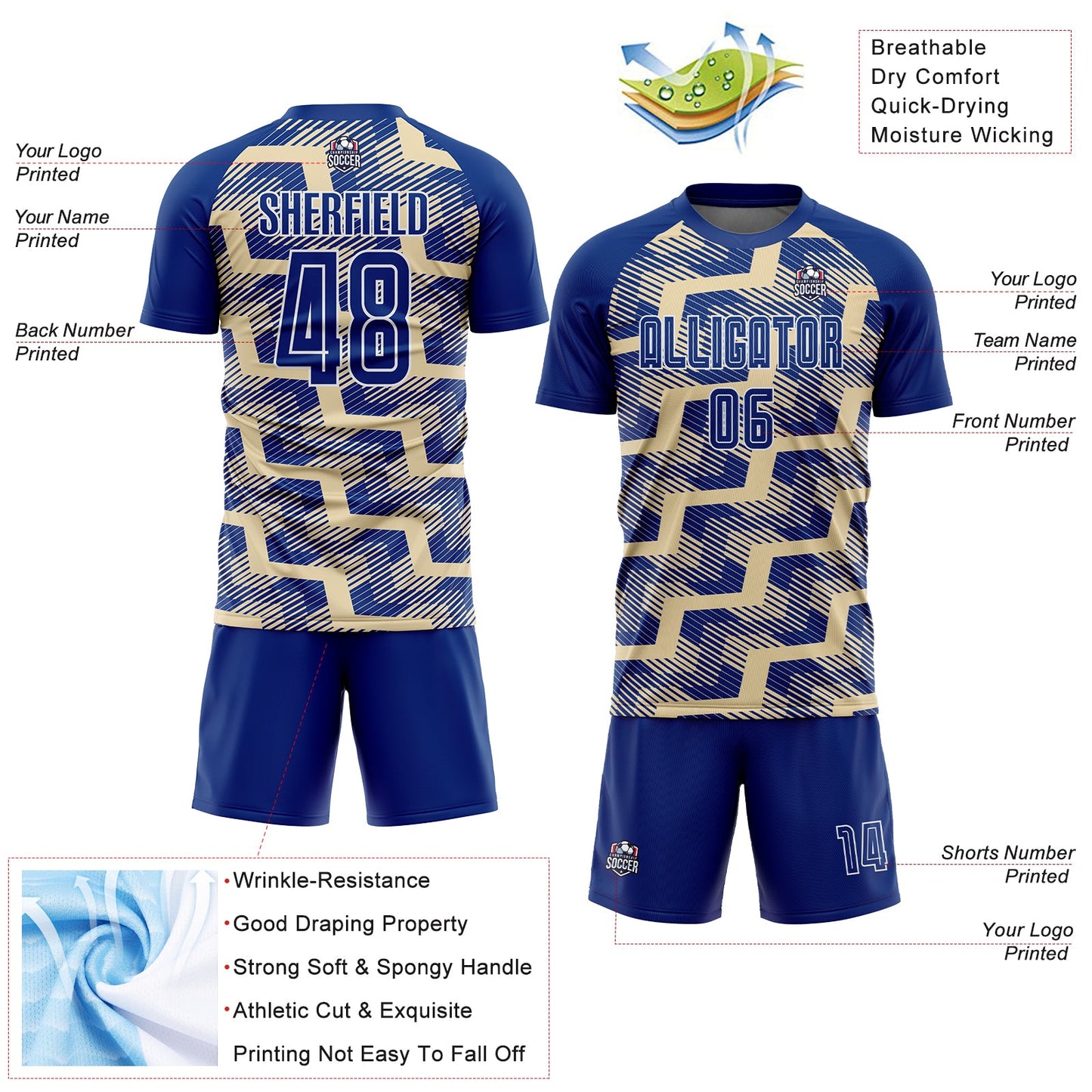 Custom Royal Cream-White Line Sublimation Soccer Uniform Jersey view 4
