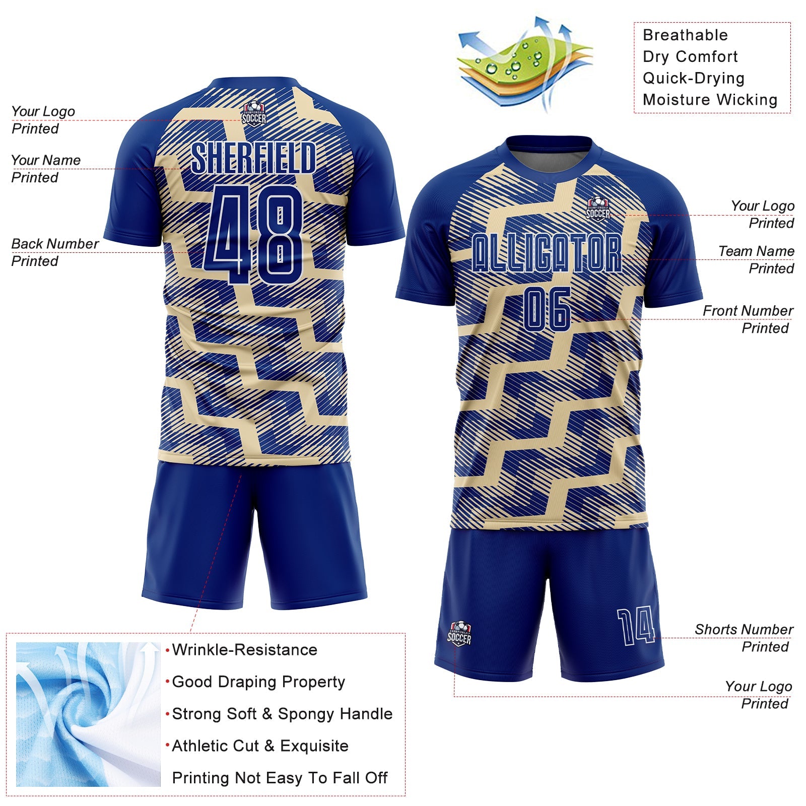 Custom Royal Cream-White Line Sublimation Soccer Uniform Jersey view 4