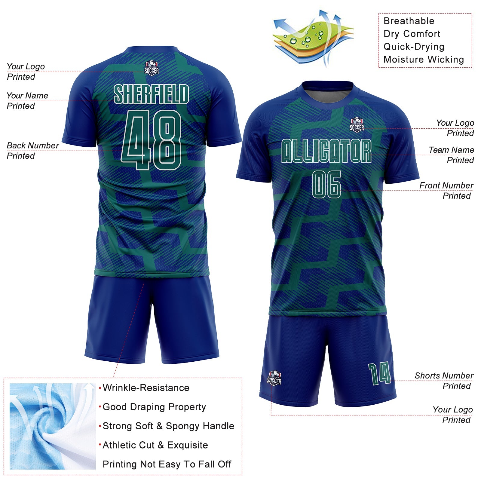 Custom Royal Teal-White Line Sublimation Soccer Uniform Jersey view 4