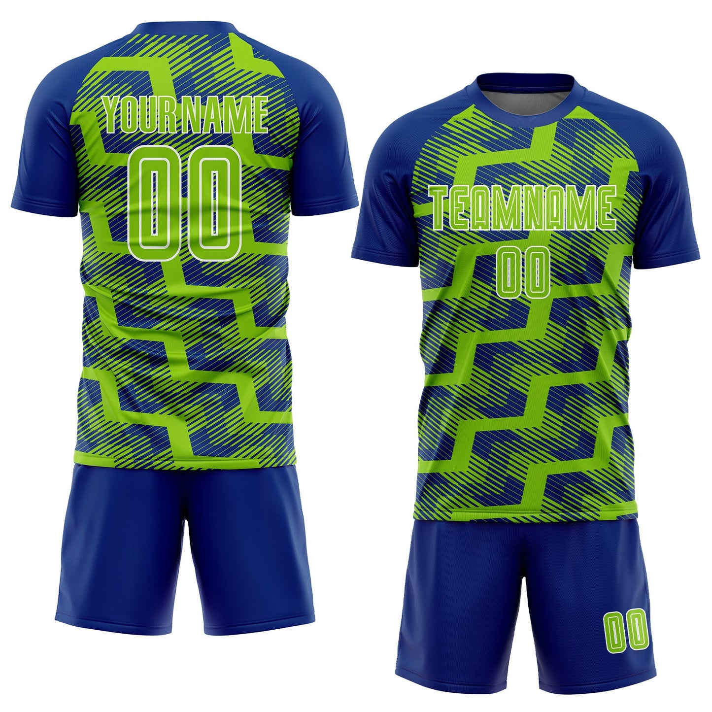 Custom Royal Neon Green-White Line Sublimation Soccer Uniform Jersey view 2