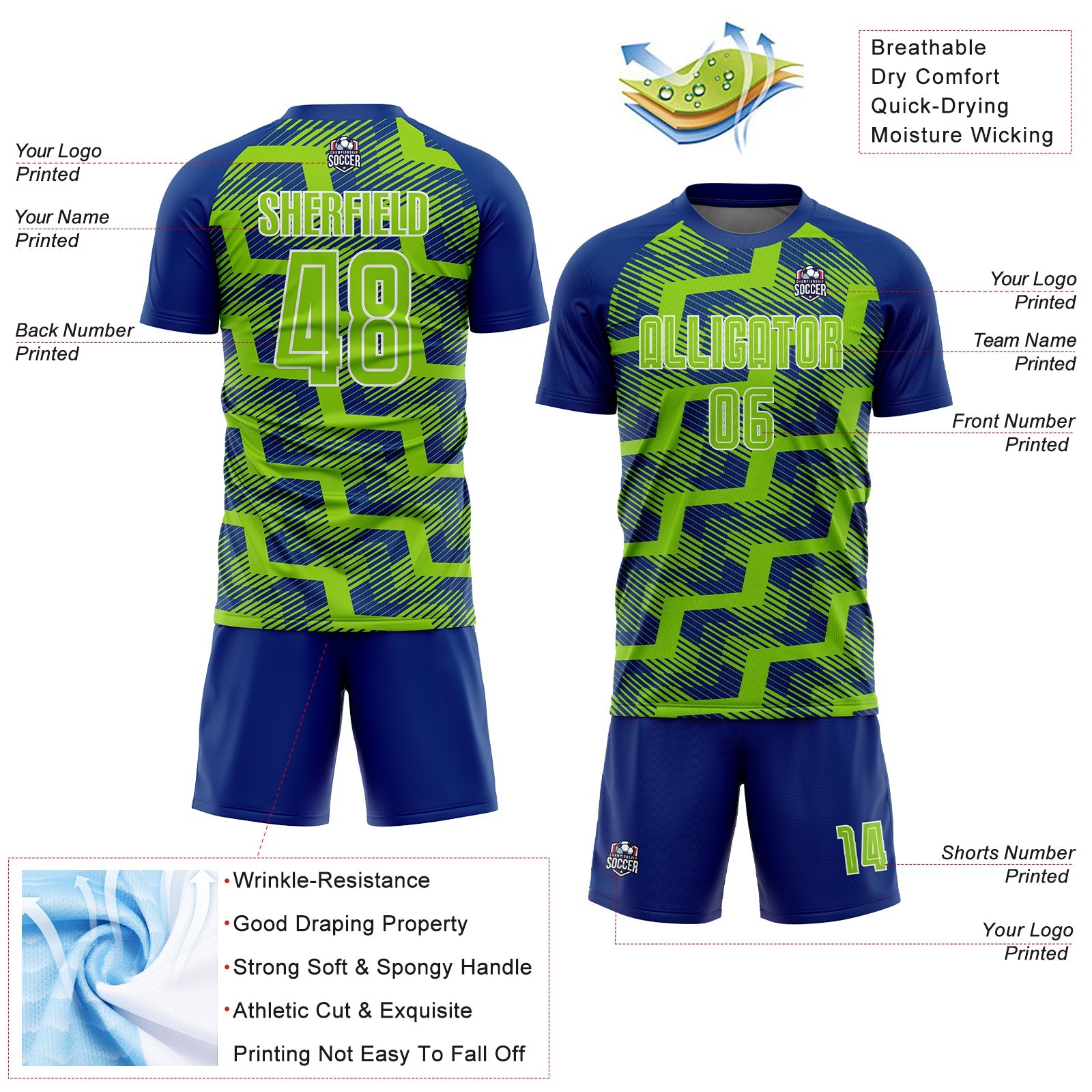 Custom Royal Neon Green-White Line Sublimation Soccer Uniform Jersey view 4