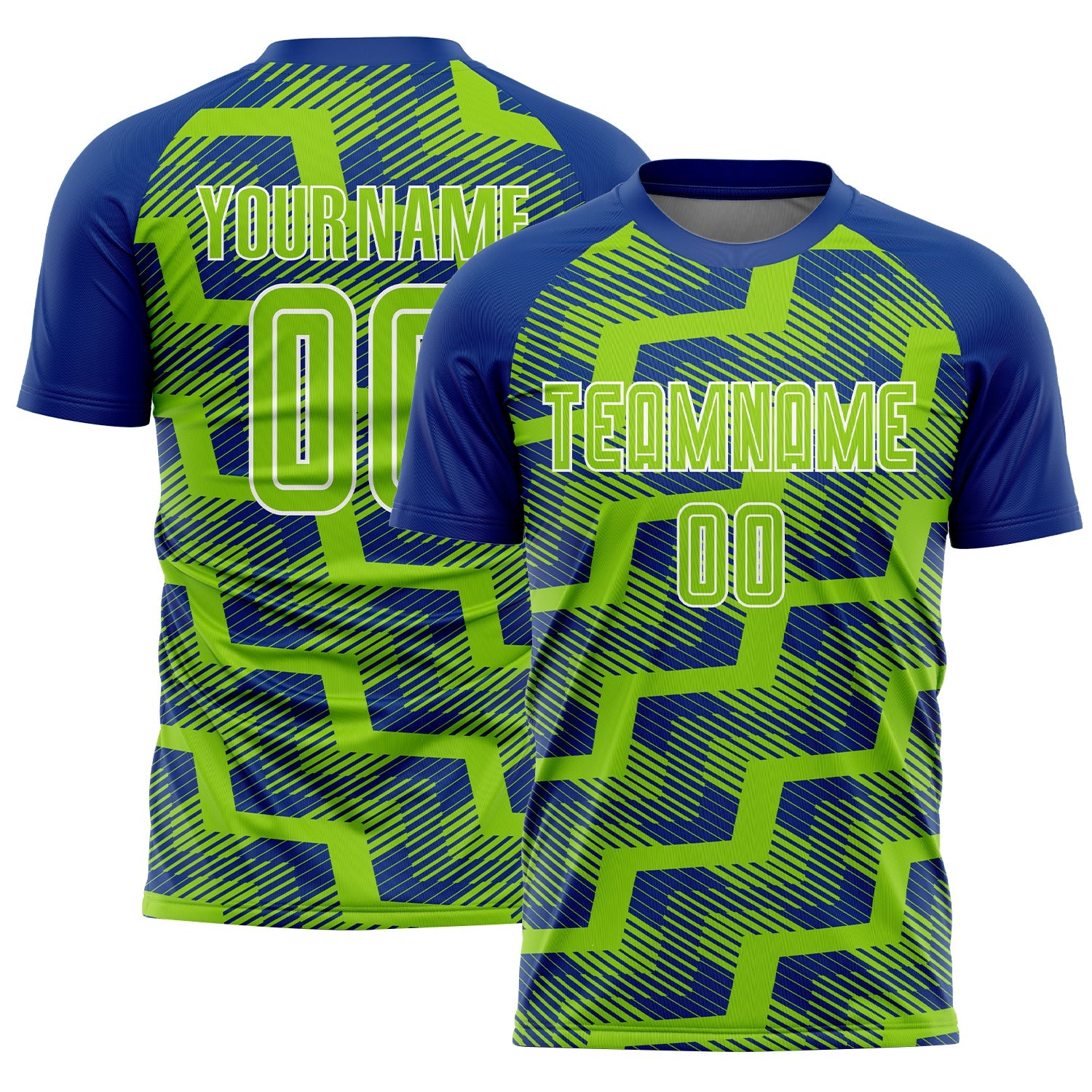 Custom Royal Neon Green-White Line Sublimation Soccer Uniform Jersey - Main View