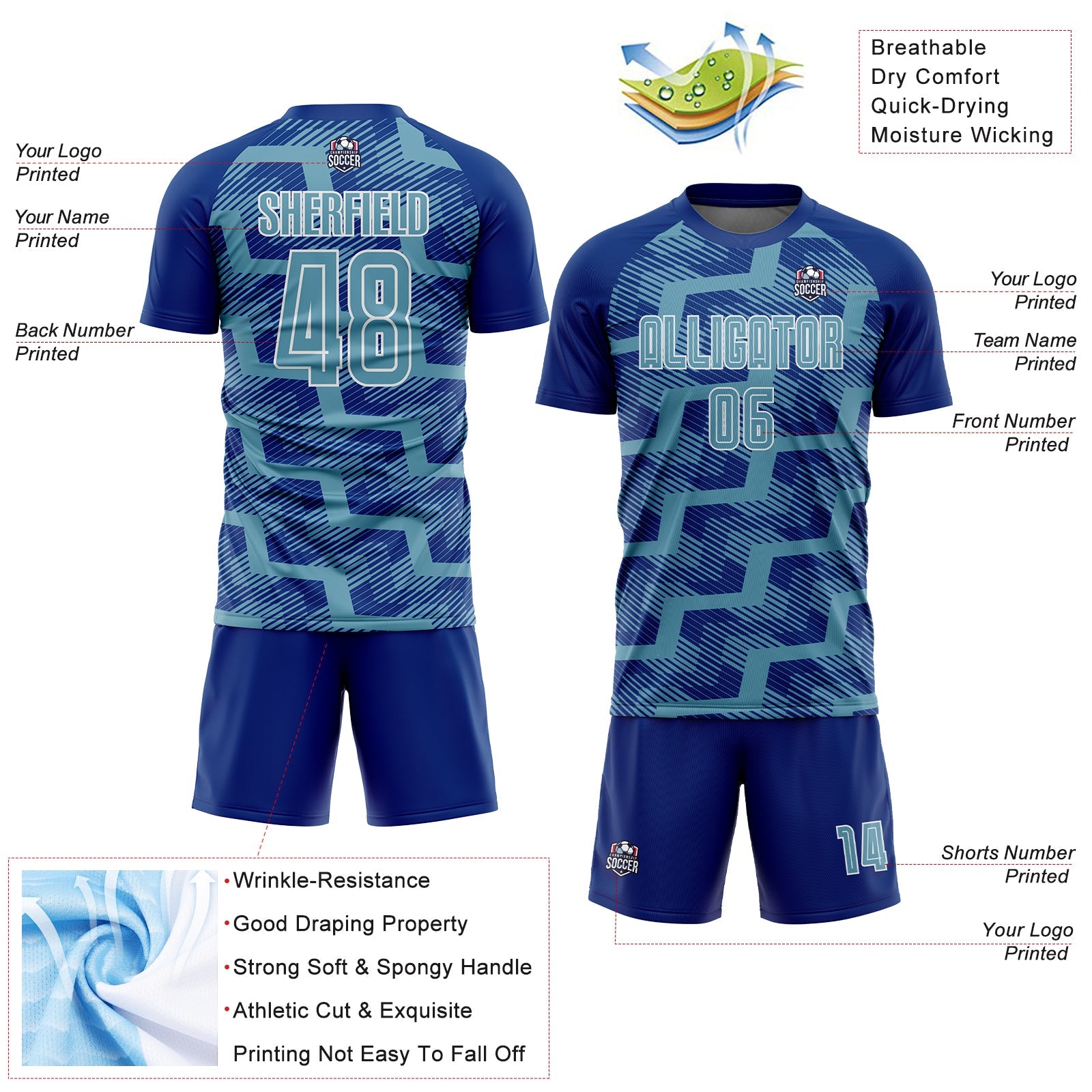 Custom Royal Shadow Blue-White Line Sublimation Soccer Uniform Jersey view 4