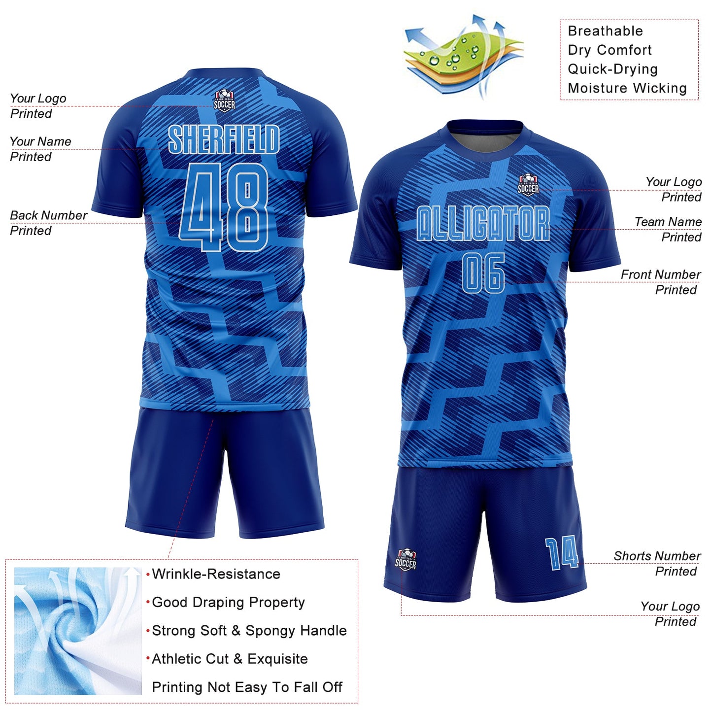 Custom Royal Powder Blue-White Line Sublimation Soccer Uniform Jersey view 4