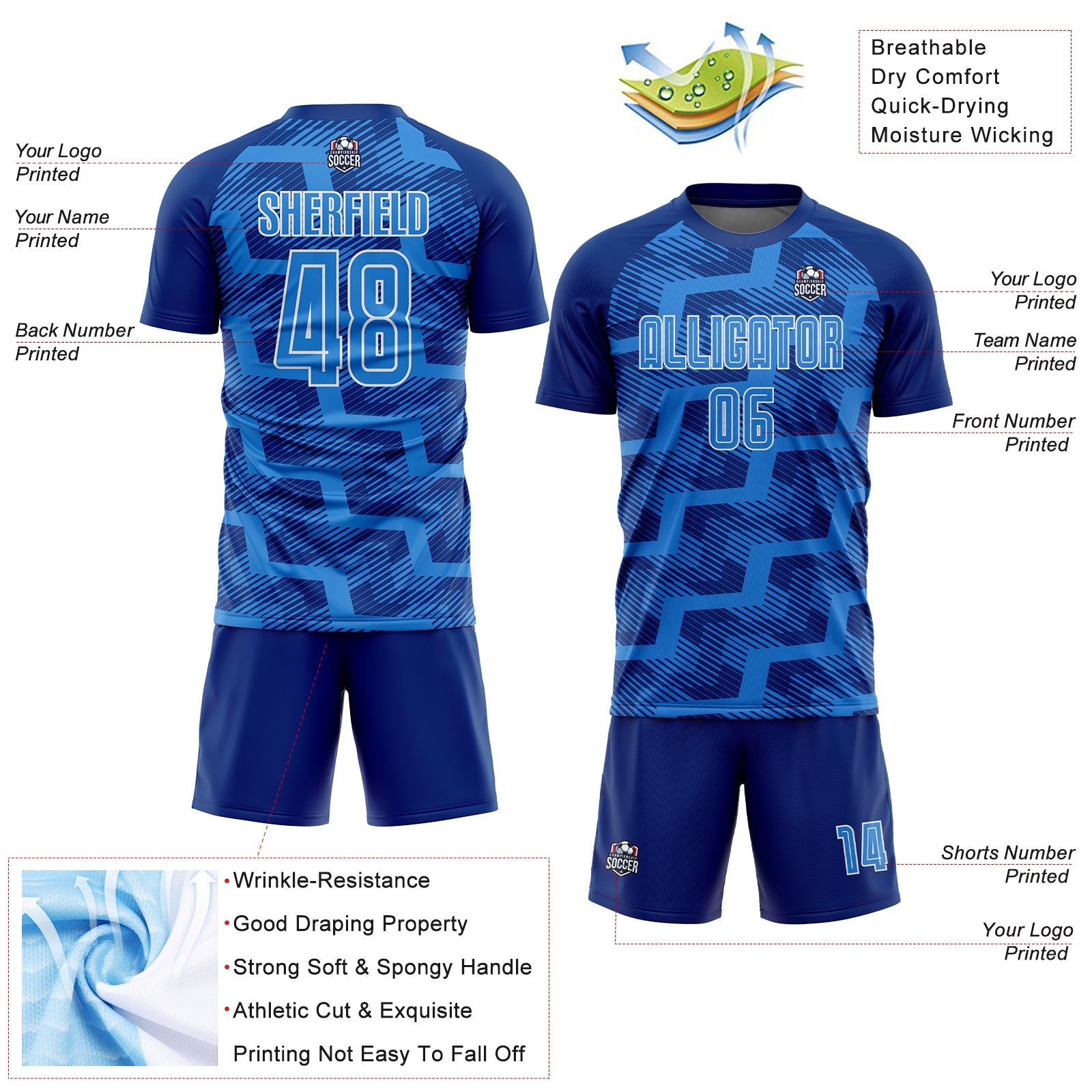 Custom Royal Powder Blue-White Line Sublimation Soccer Uniform Jersey view 4