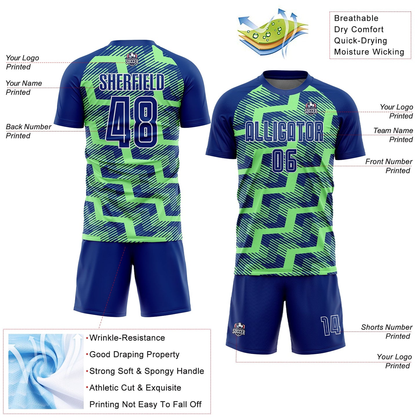 Custom Royal Pea Green-White Line Sublimation Soccer Uniform Jersey view 4