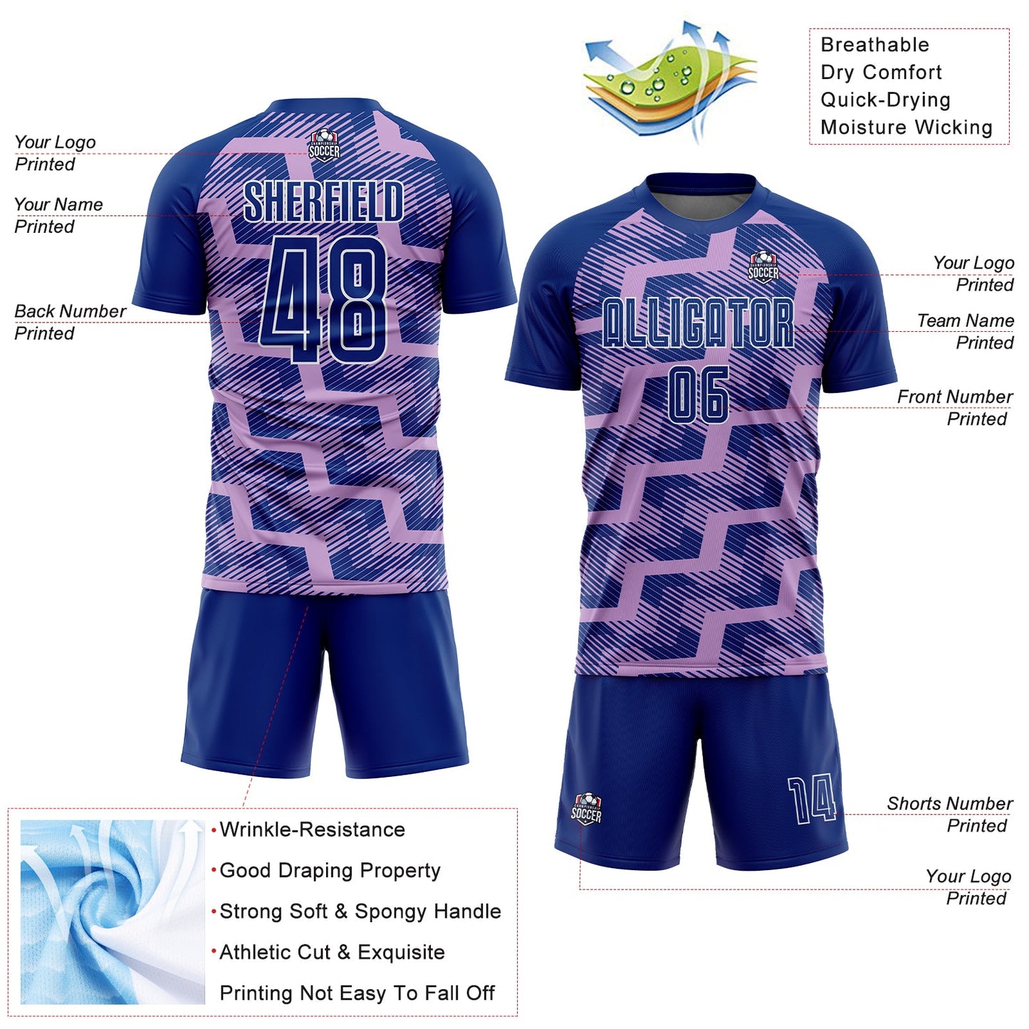 Custom Royal Light Purple-White Line Sublimation Soccer Uniform Jersey view 4
