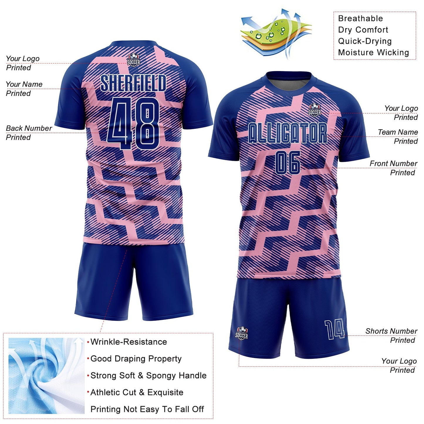 Custom Royal Light Pink-White Line Sublimation Soccer Uniform Jersey view 4