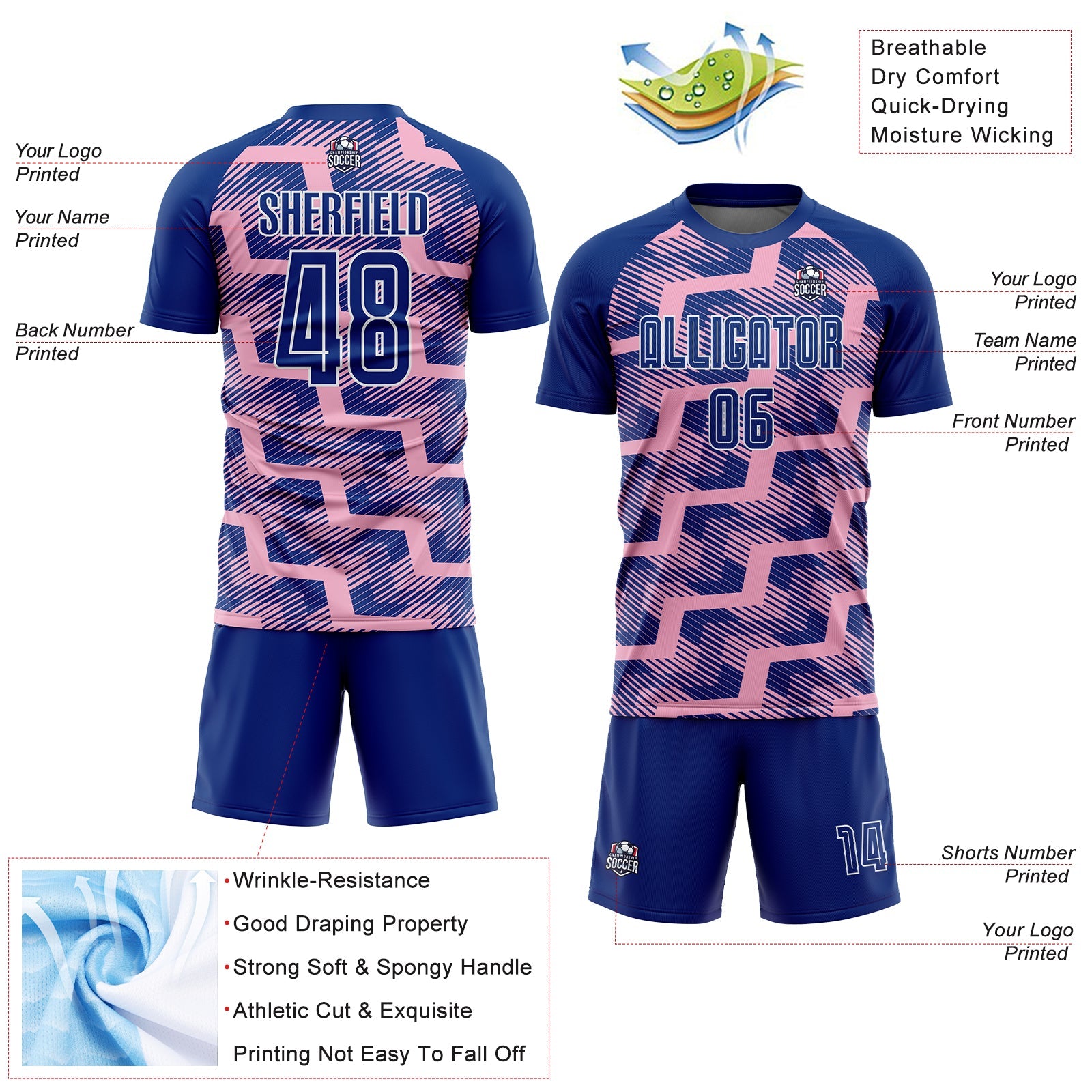 Custom Royal Light Pink-White Line Sublimation Soccer Uniform Jersey view 4