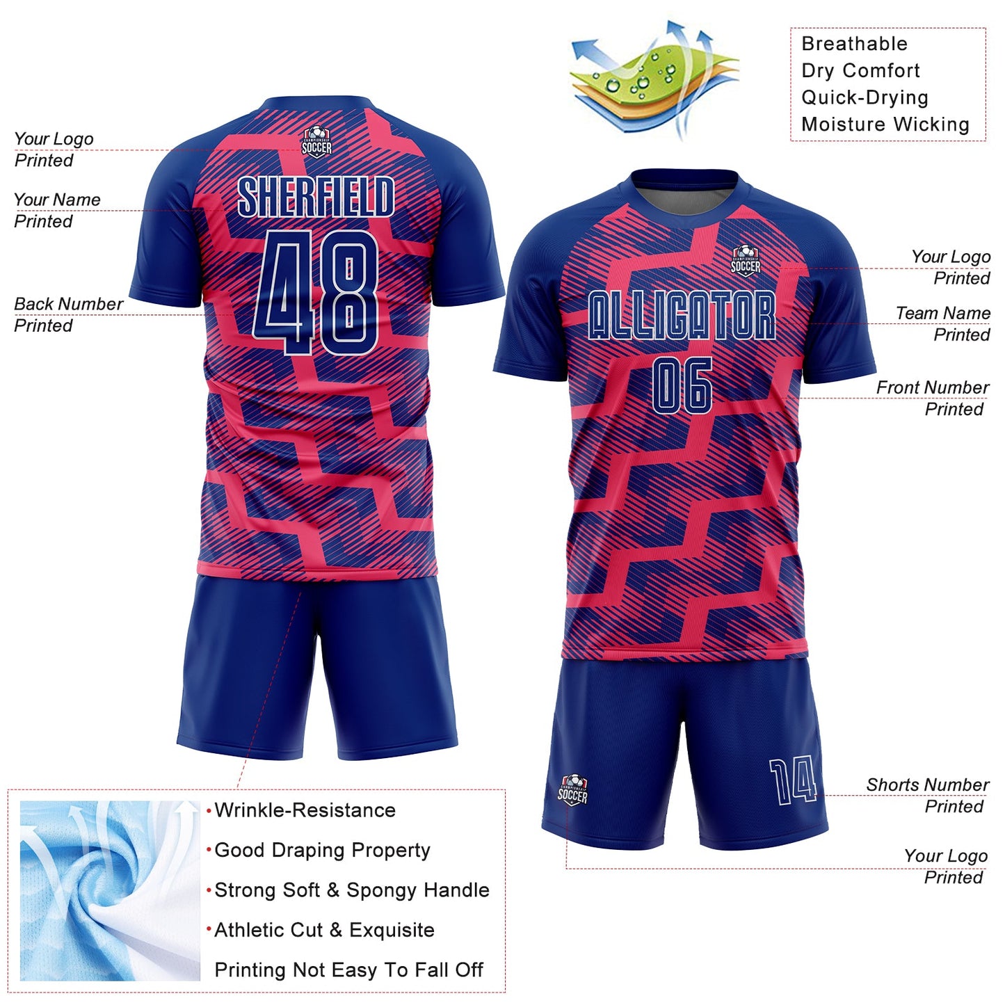 Custom Royal Neon Pink-White Line Sublimation Soccer Uniform Jersey view 4