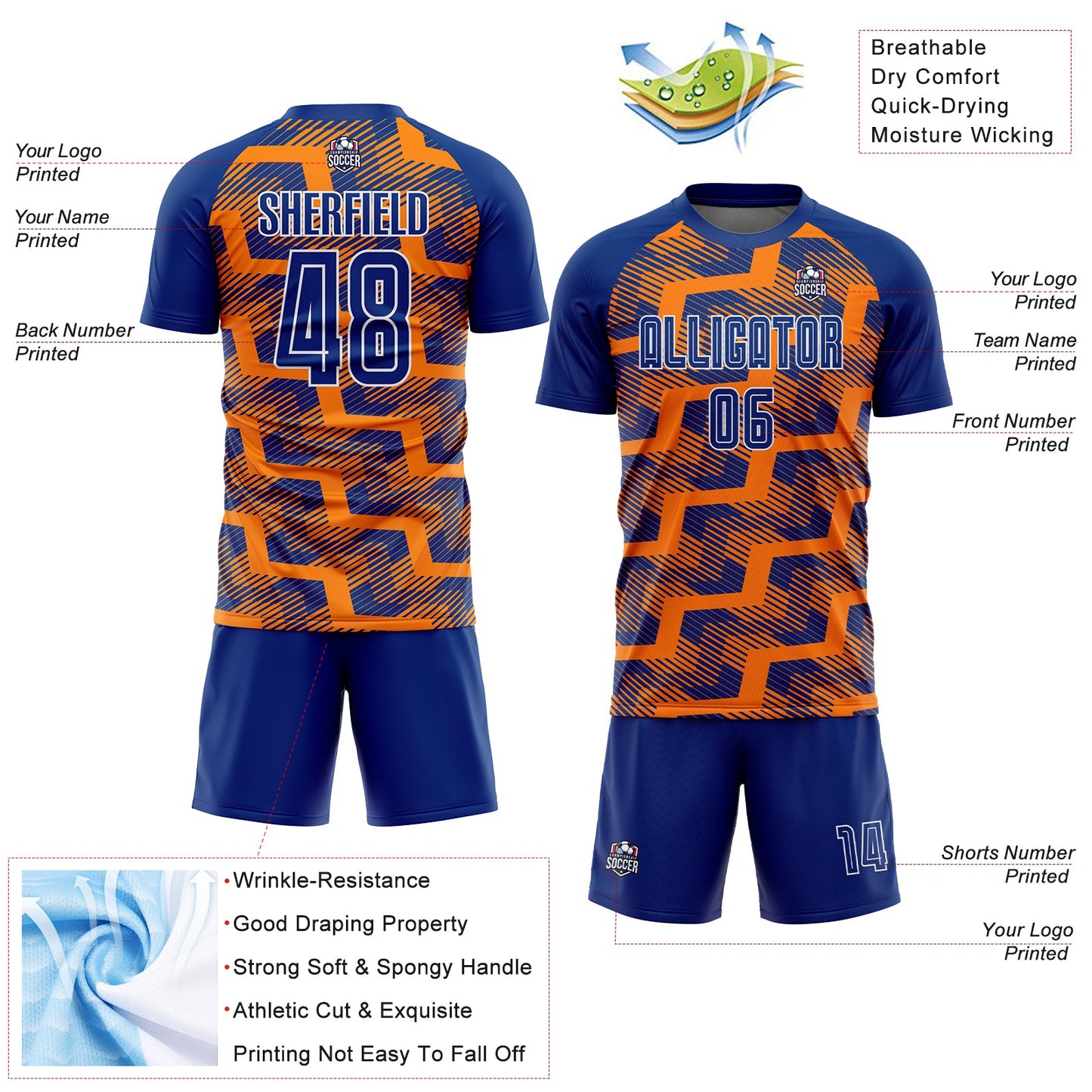 Custom Royal Bay Orange-White Line Sublimation Soccer Uniform Jersey view 4