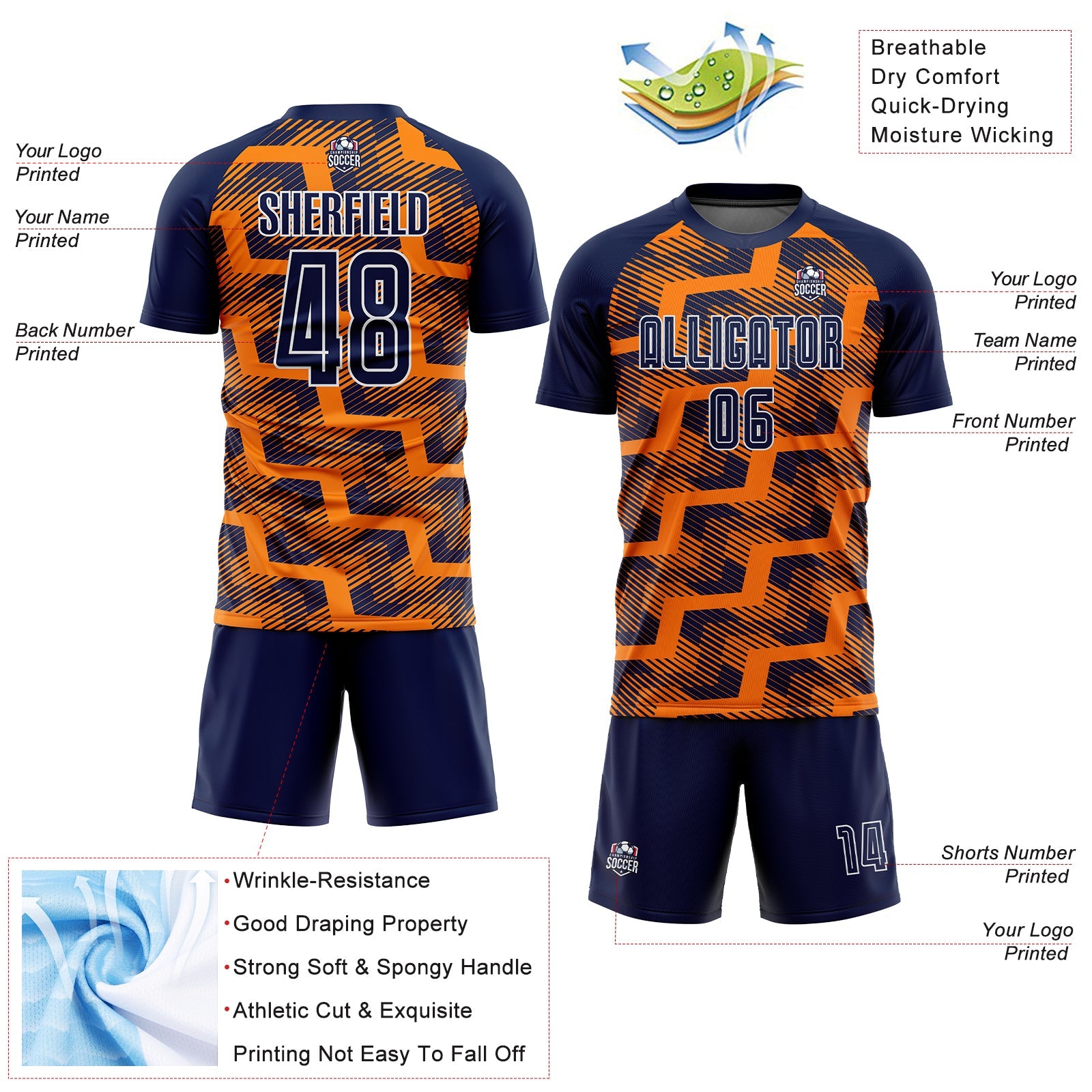Custom Navy Bay Orange-White Line Sublimation Soccer Uniform Jersey view 4