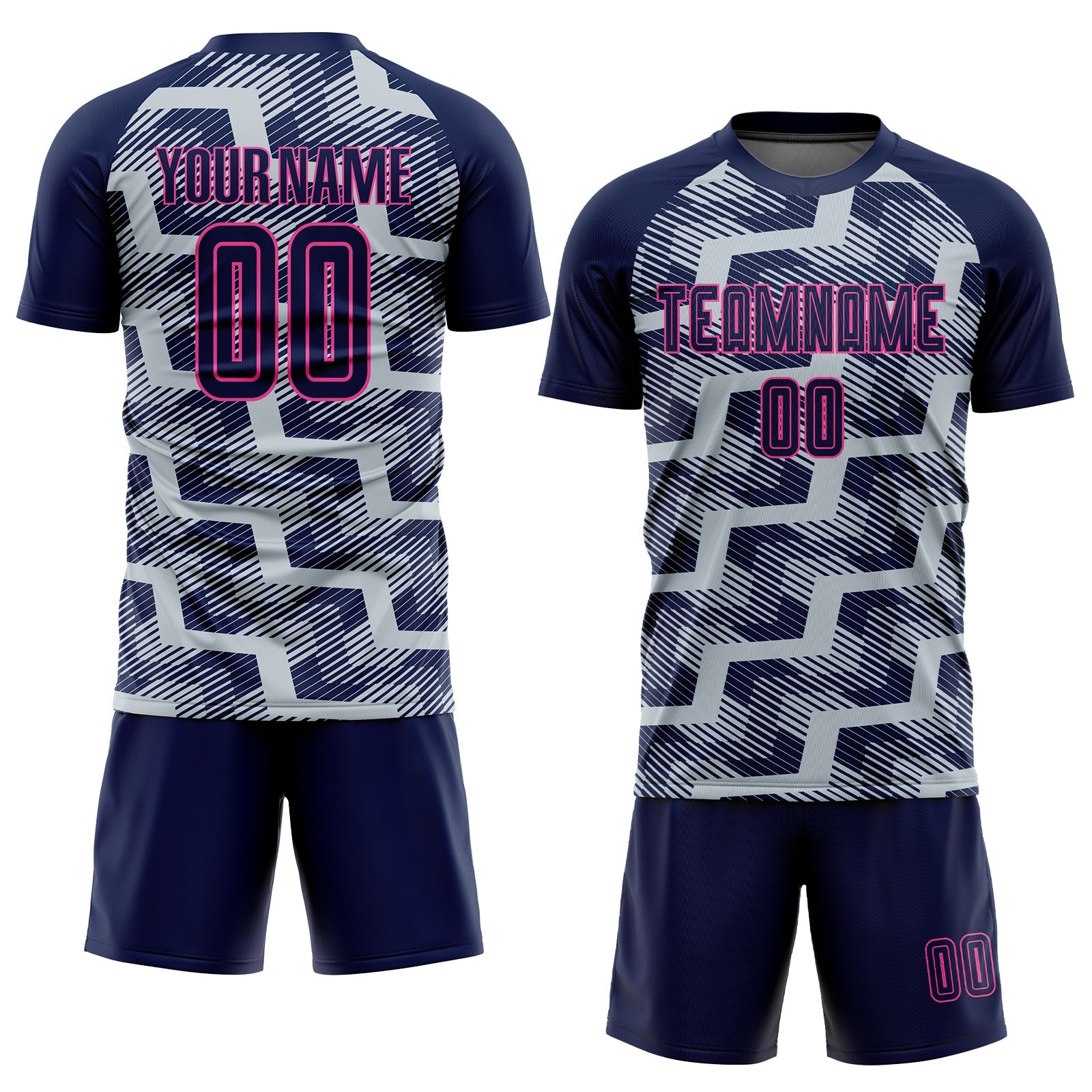 Custom Navy Silver-Pink Line Sublimation Soccer Uniform Jersey view 2