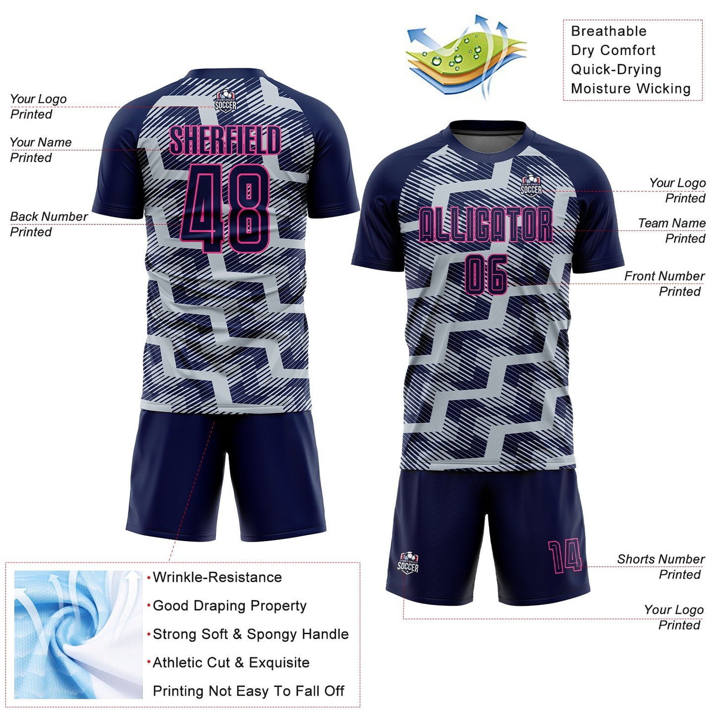 Custom Navy Silver-Pink Line Sublimation Soccer Uniform Jersey view 4