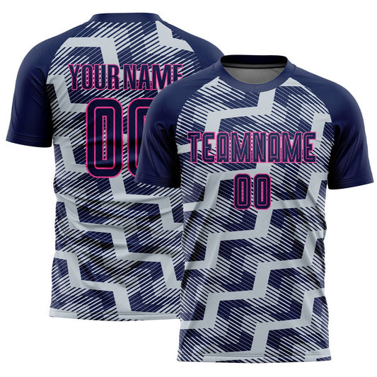 Custom Navy Silver-Pink Line Sublimation Soccer Uniform Jersey - Main View