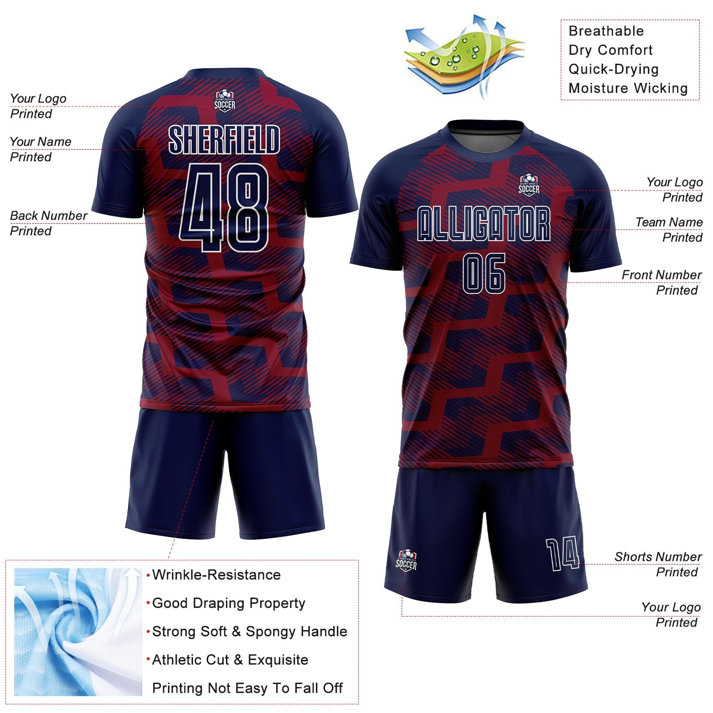 Custom Navy Crimson-White Line Sublimation Soccer Uniform Jersey view 4