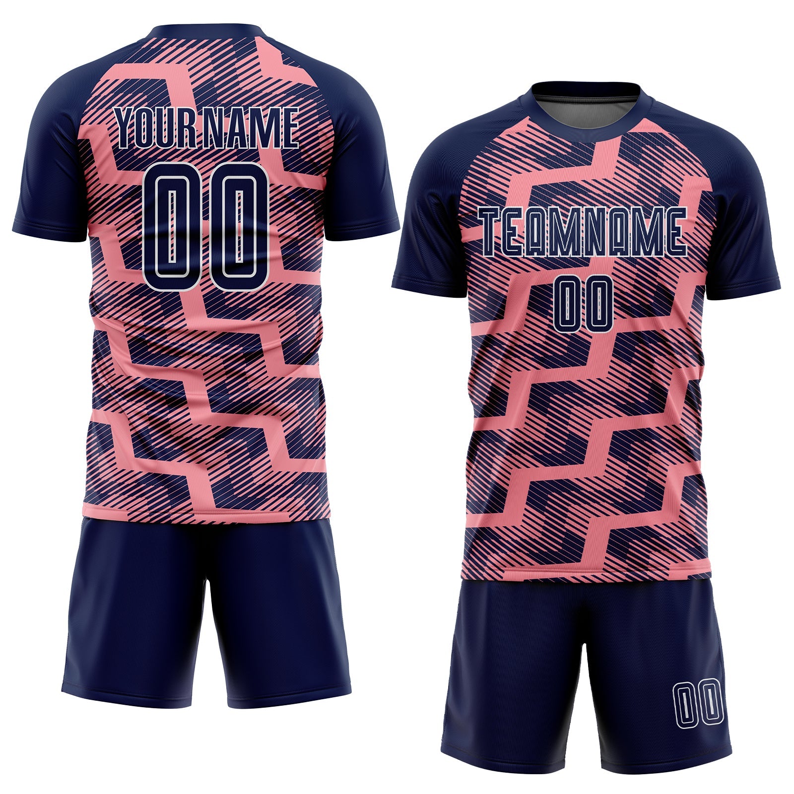 Custom Navy Medium Pink-White Line Sublimation Soccer Uniform Jersey view 2