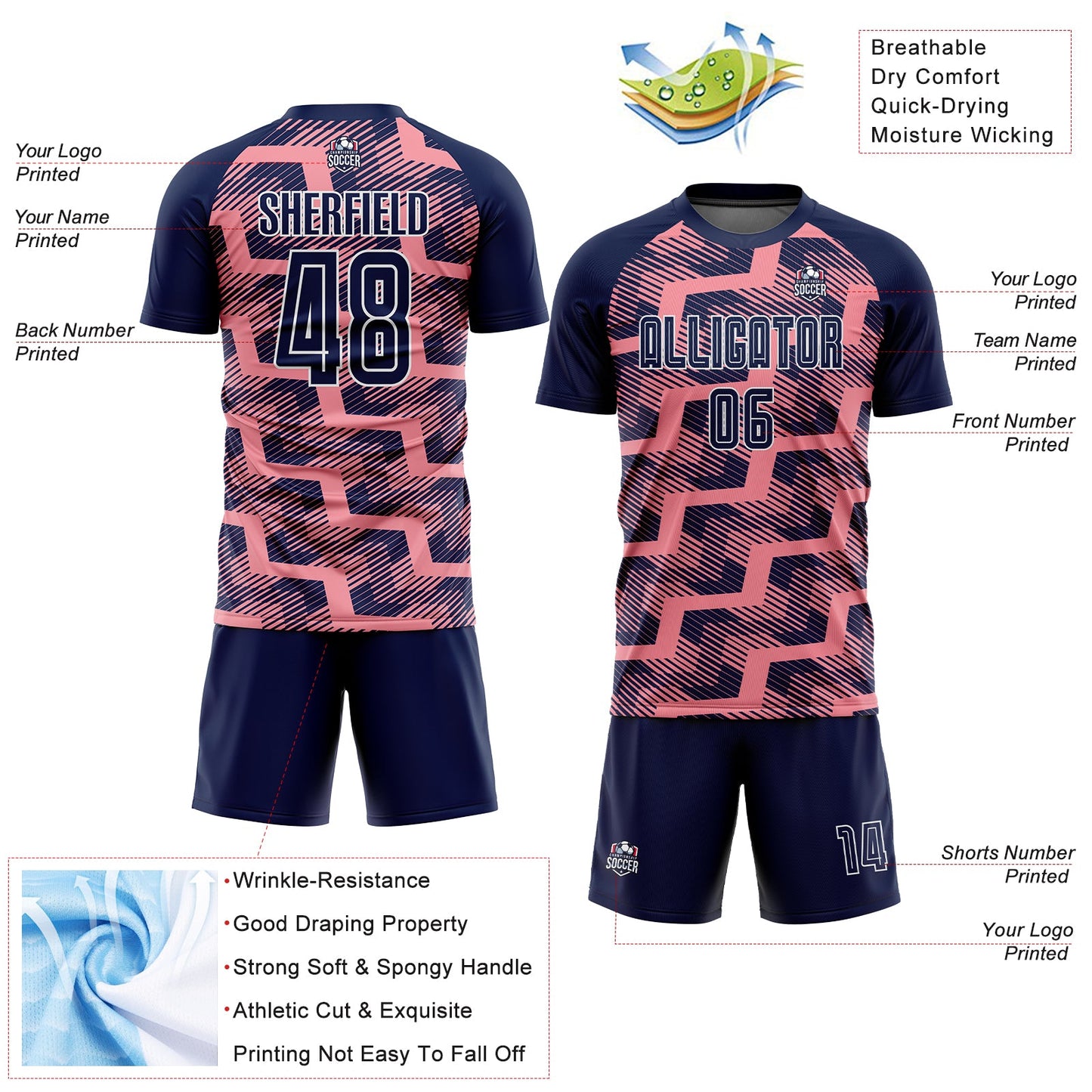 Custom Navy Medium Pink-White Line Sublimation Soccer Uniform Jersey view 4