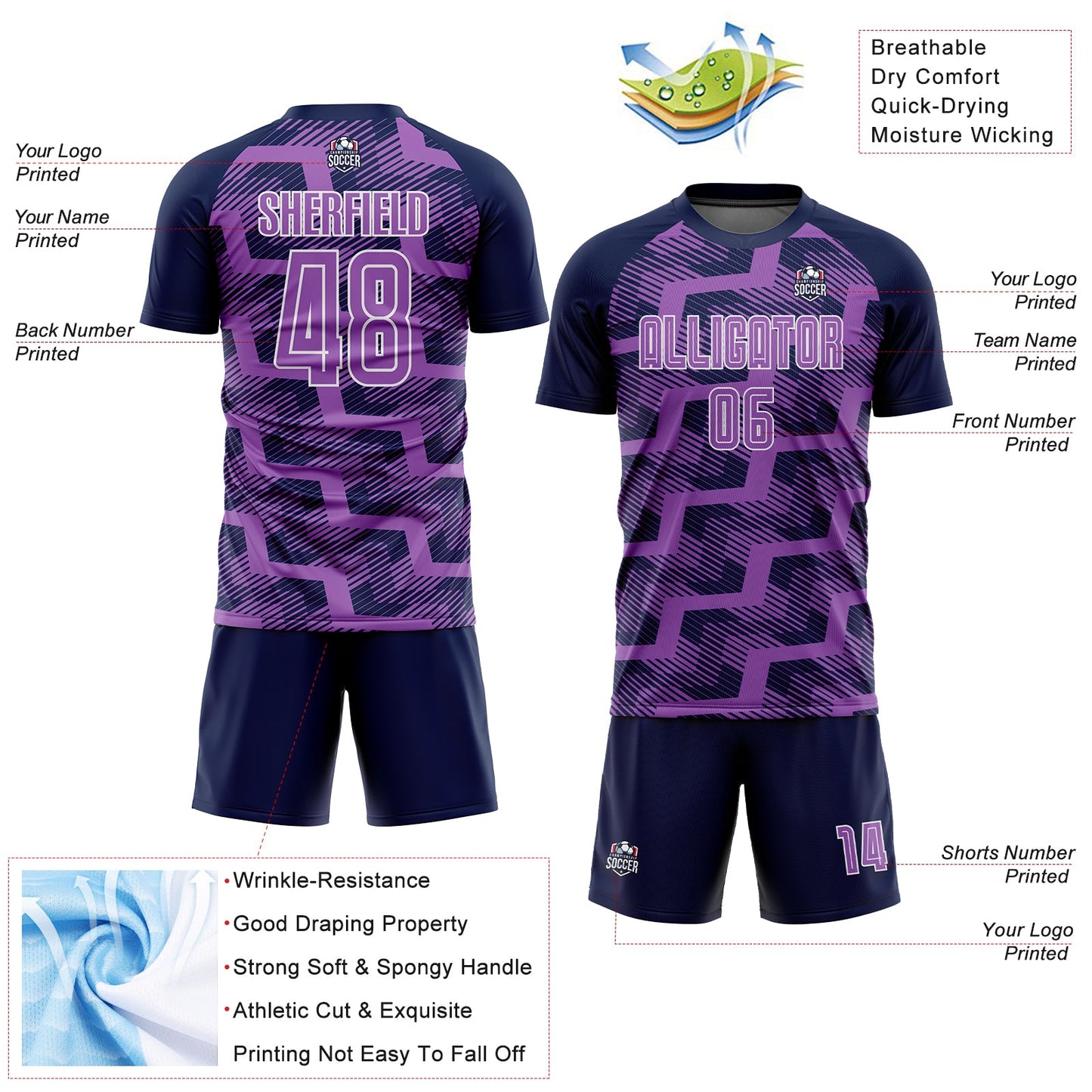 Custom Navy Medium Purple-White Line Sublimation Soccer Uniform Jersey view 4