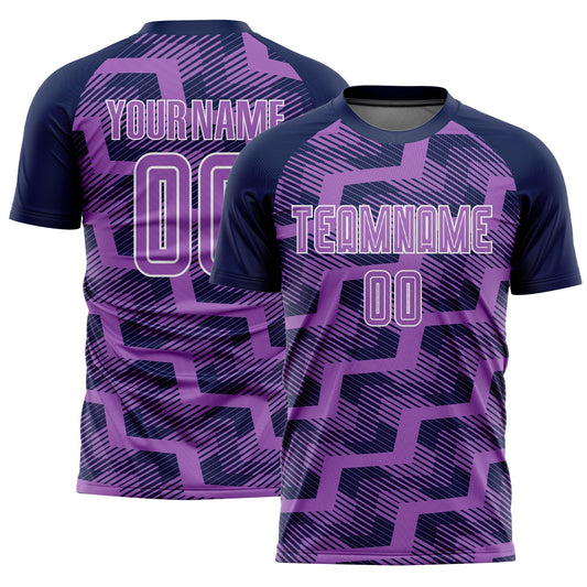 Custom Navy Medium Purple-White Line Sublimation Soccer Uniform Jersey - Main View