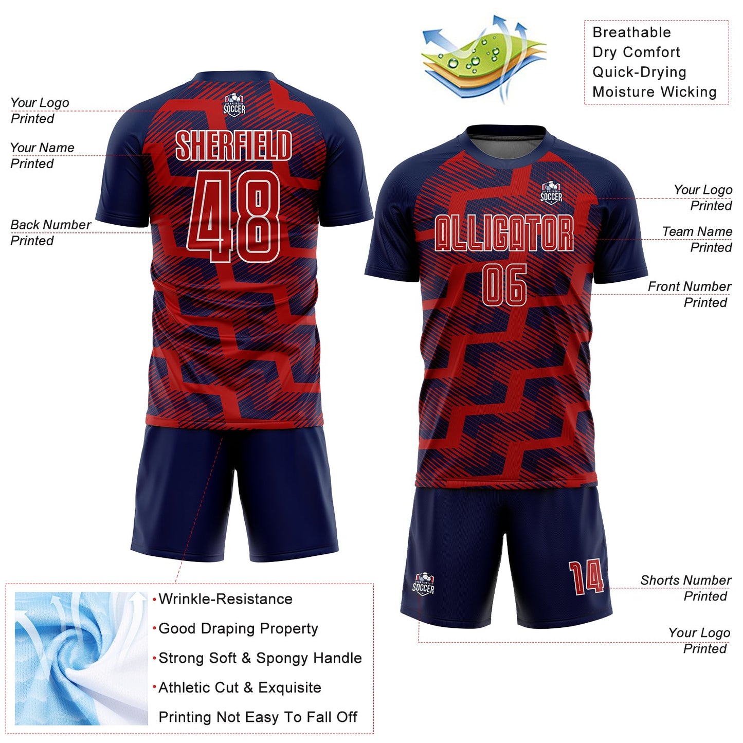 Custom Navy Red-White Line Sublimation Soccer Uniform Jersey view 4