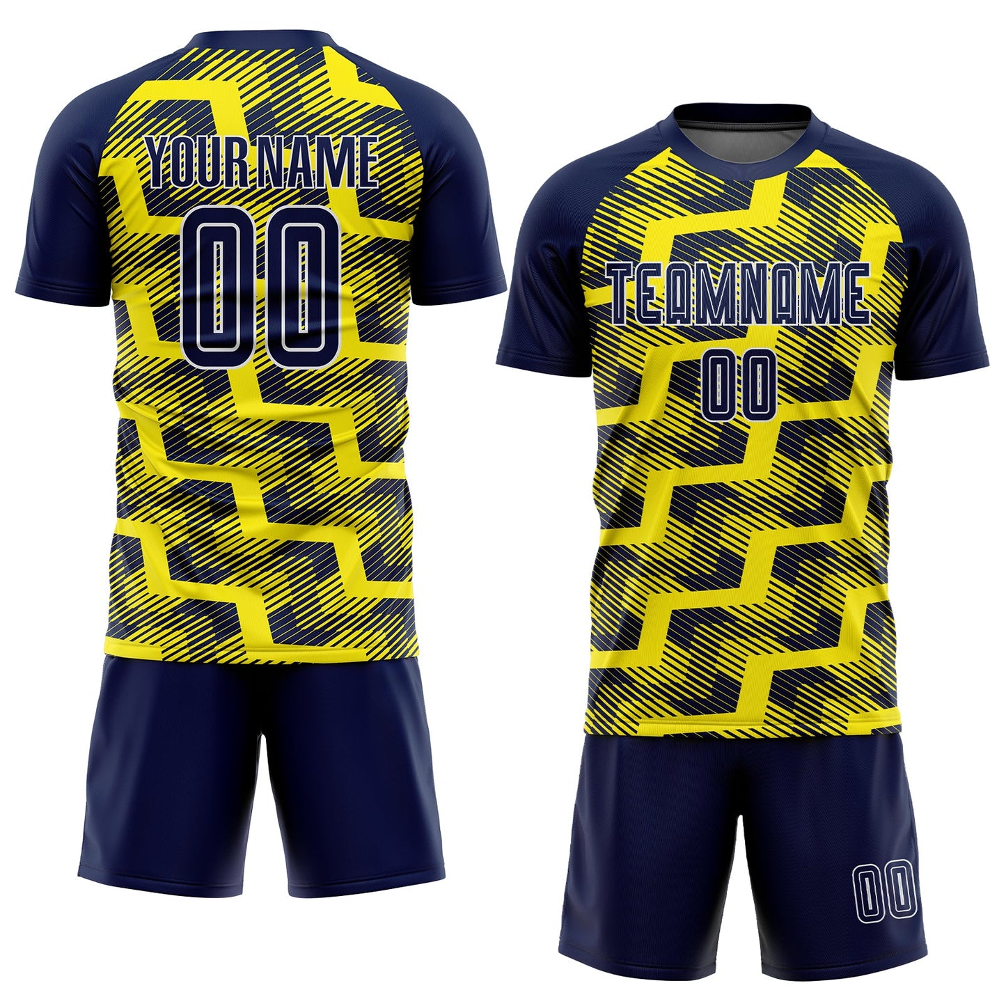 Custom Navy Light Yellow-White Line Sublimation Soccer Uniform Jersey view 2