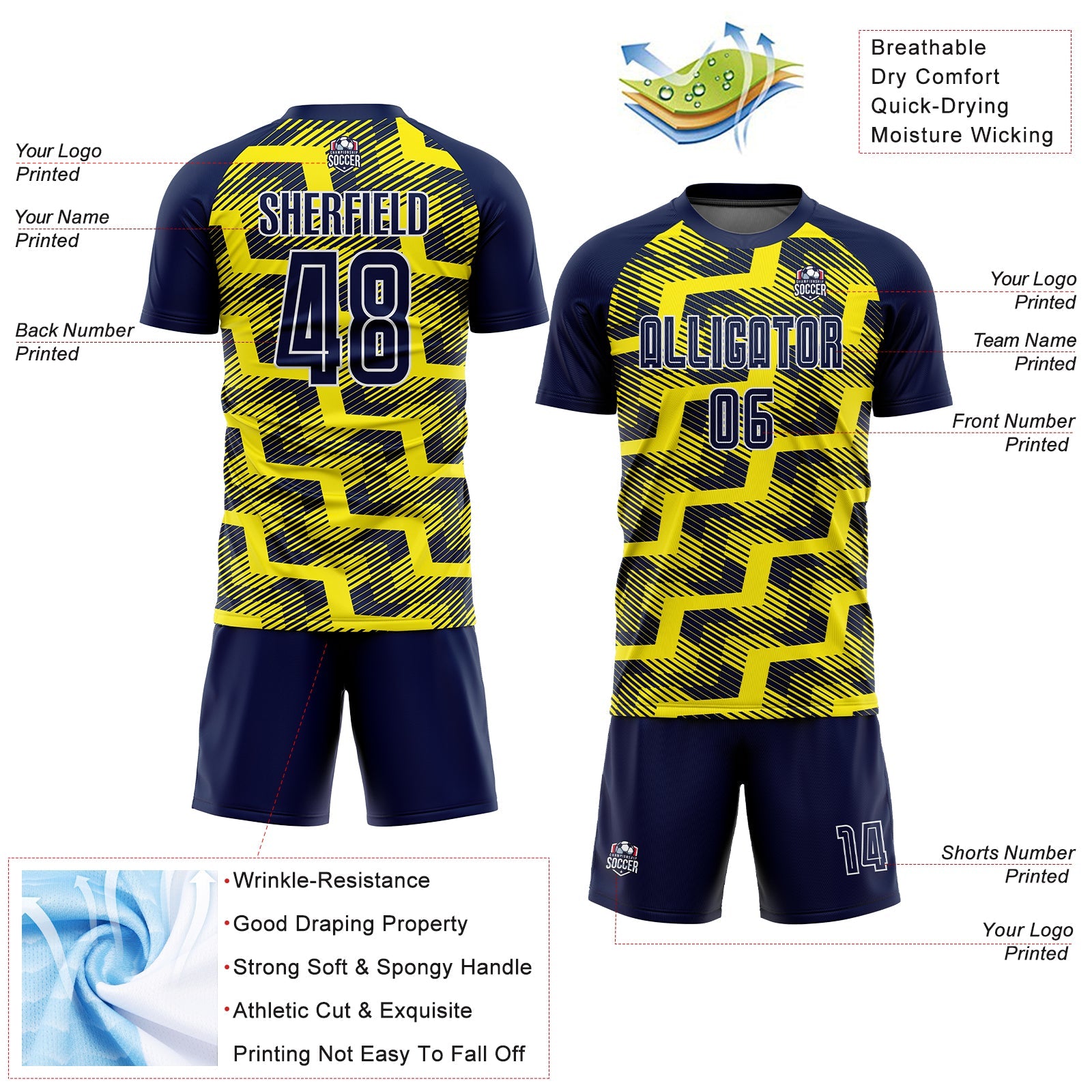 Custom Navy Light Yellow-White Line Sublimation Soccer Uniform Jersey view 4
