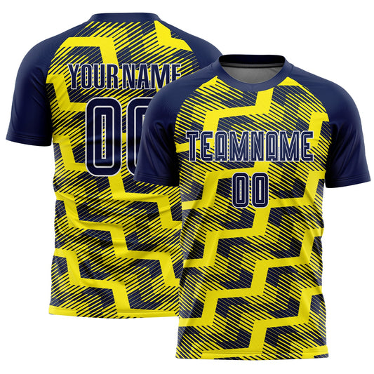 Custom Navy Light Yellow-White Line Sublimation Soccer Uniform Jersey - Main View
