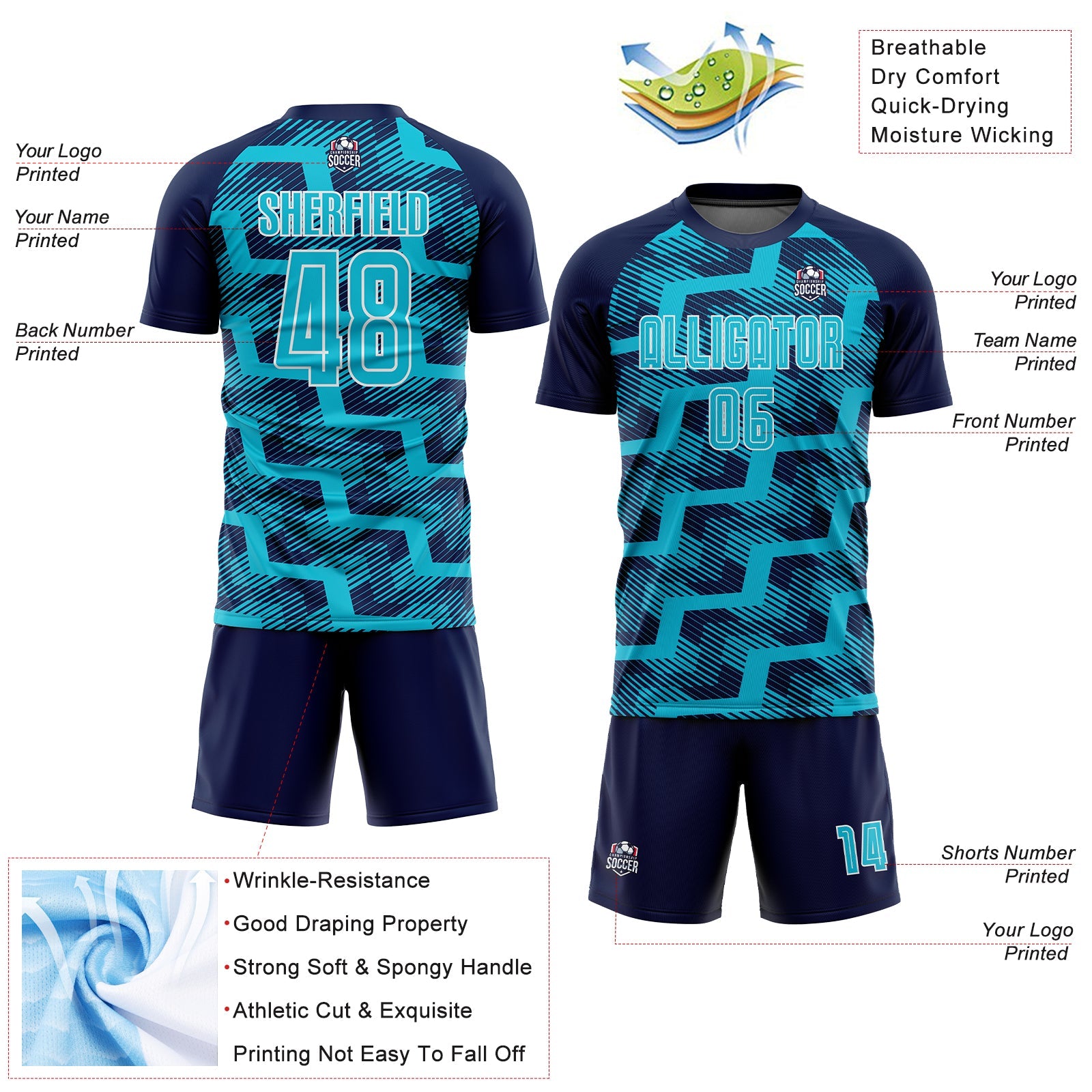 Custom Navy Lakes Blue-White Line Sublimation Soccer Uniform Jersey view 4