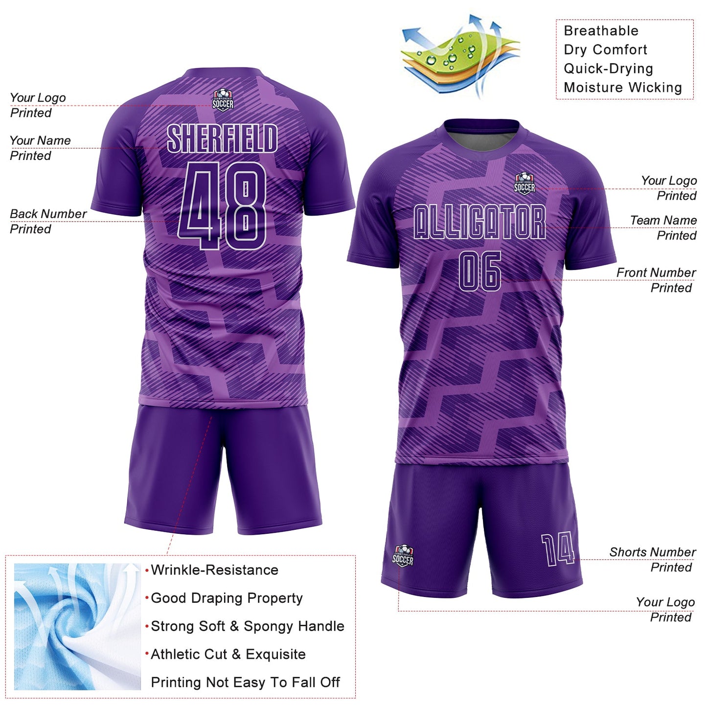 Custom Purple Medium Purple-White Line Sublimation Soccer Uniform Jersey view 4