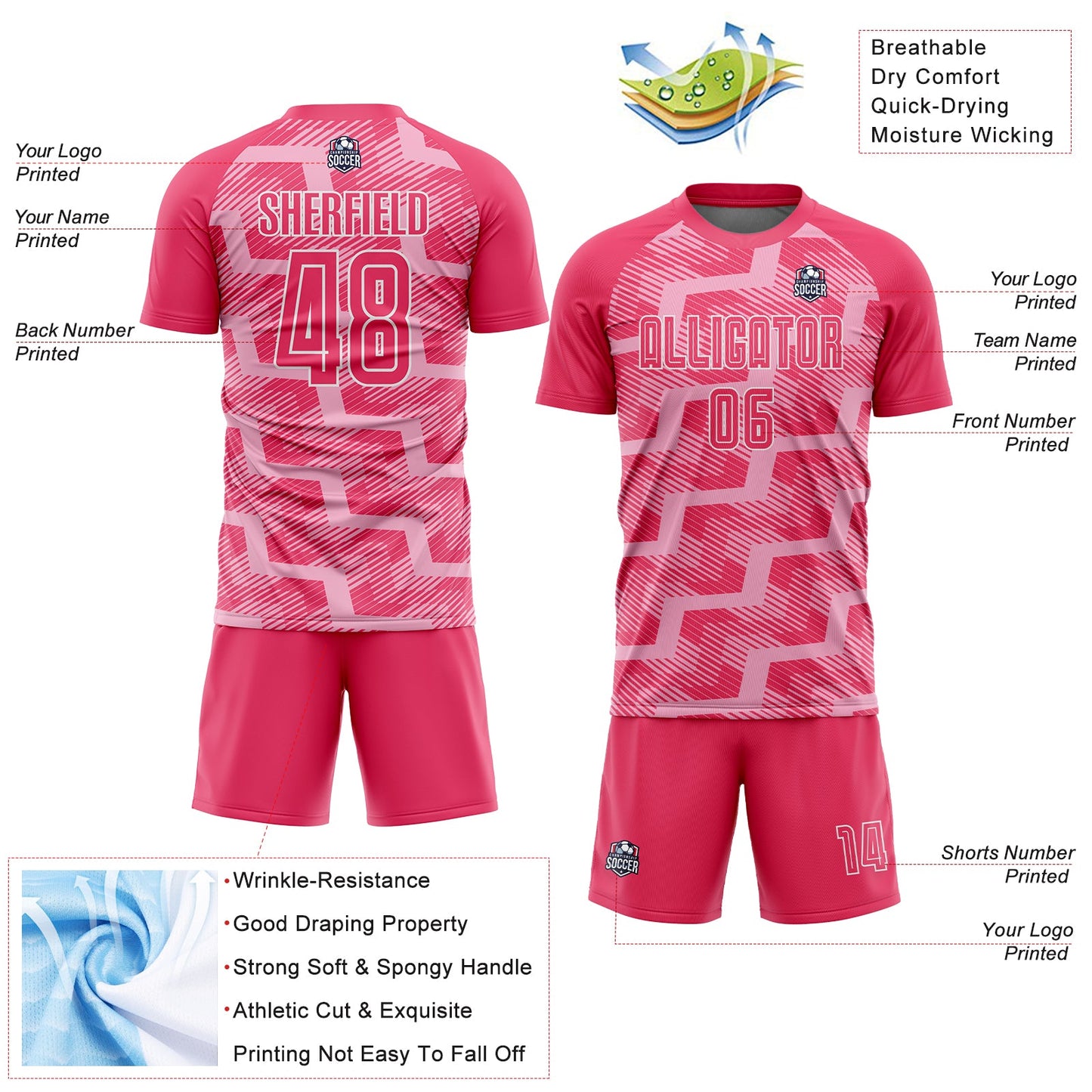 Custom Neon Pink Light Pink-White Line Sublimation Soccer Uniform Jersey view 4