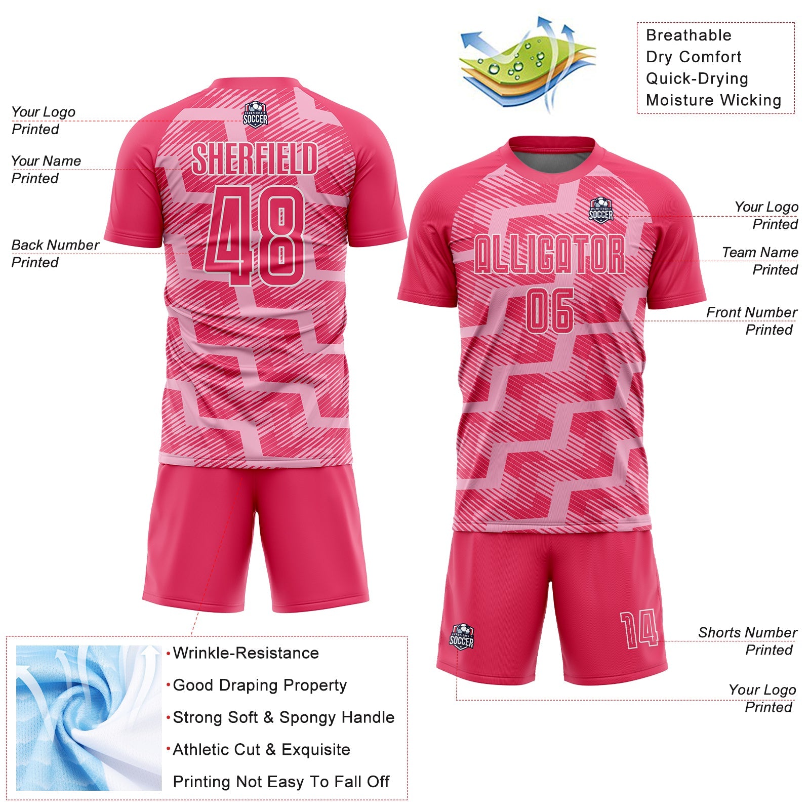 Custom Neon Pink Light Pink-White Line Sublimation Soccer Uniform Jersey view 4