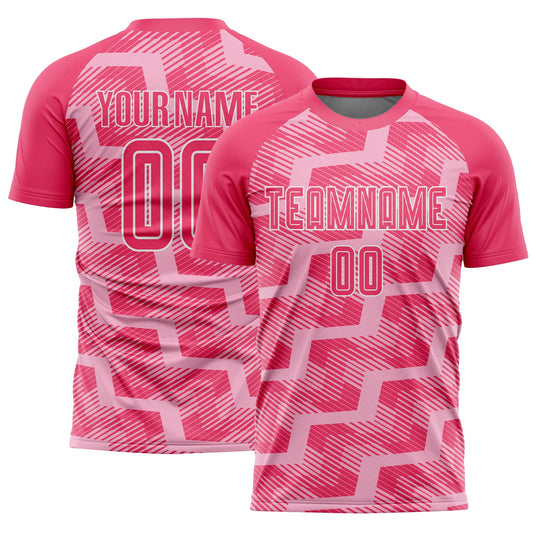 Custom Neon Pink Light Pink-White Line Sublimation Soccer Uniform Jersey - Main View