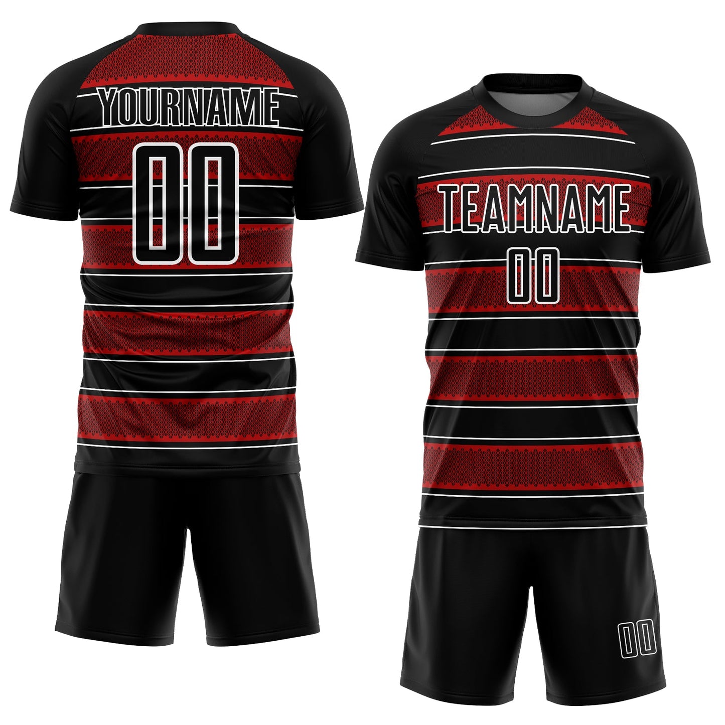 Custom Black Red-White Geometric Shapes And Line Sublimation Soccer Uniform Jersey view 2