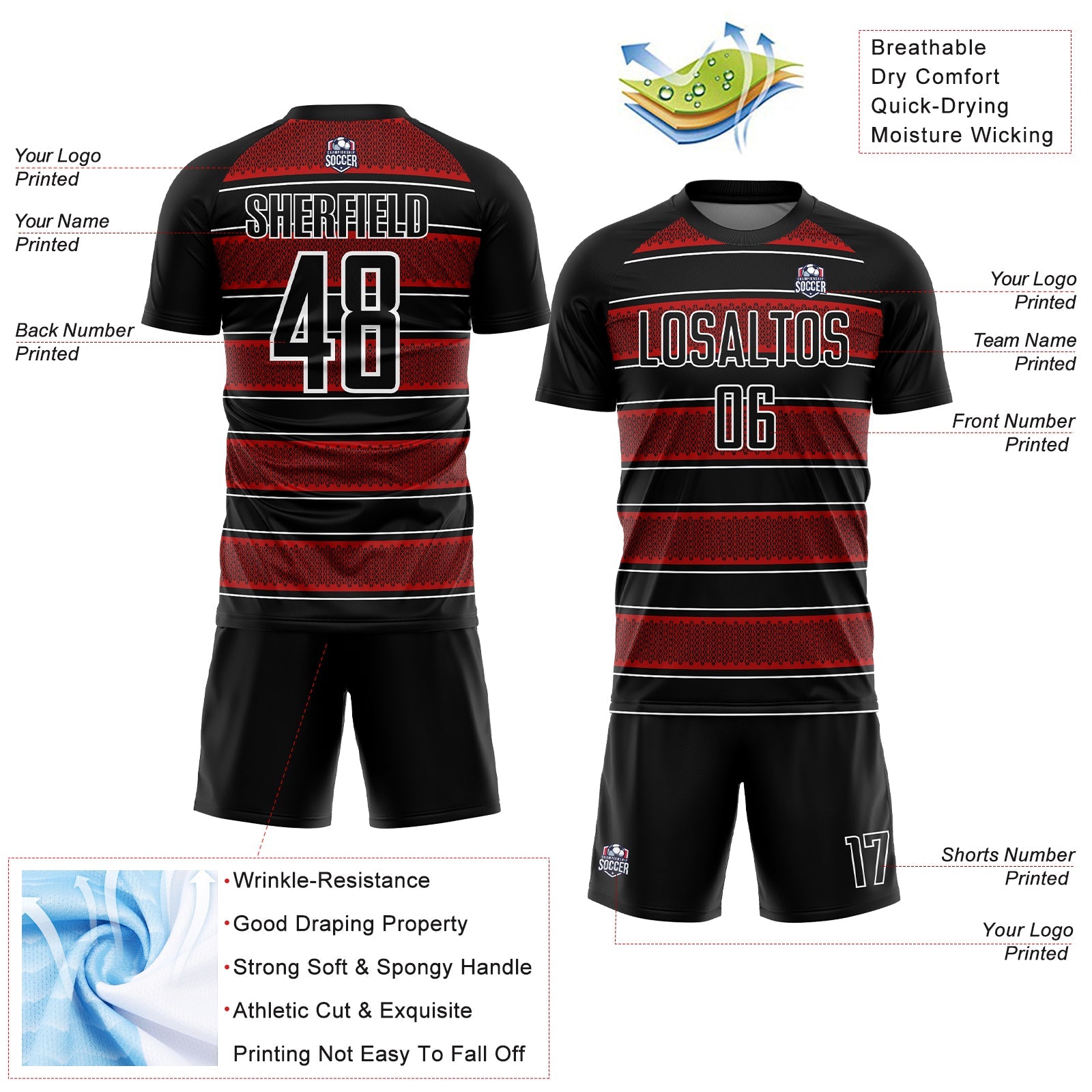 Custom Black Red-White Geometric Shapes And Line Sublimation Soccer Uniform Jersey view 4