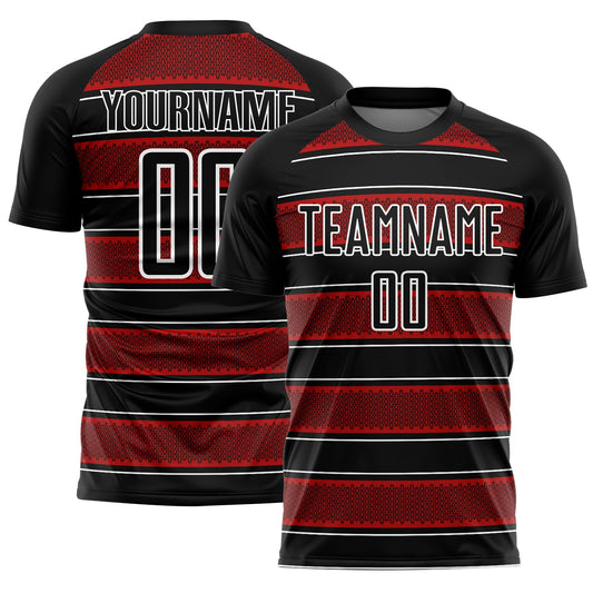 Custom Black Red-White Geometric Shapes And Line Sublimation Soccer Uniform Jersey - Main View
