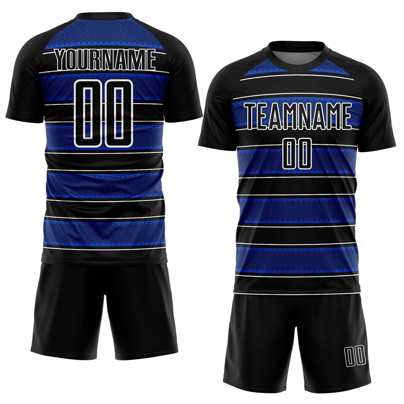 Custom Black Thunder Blue-White Geometric Shapes And Line Sublimation Soccer Uniform Jersey view 2