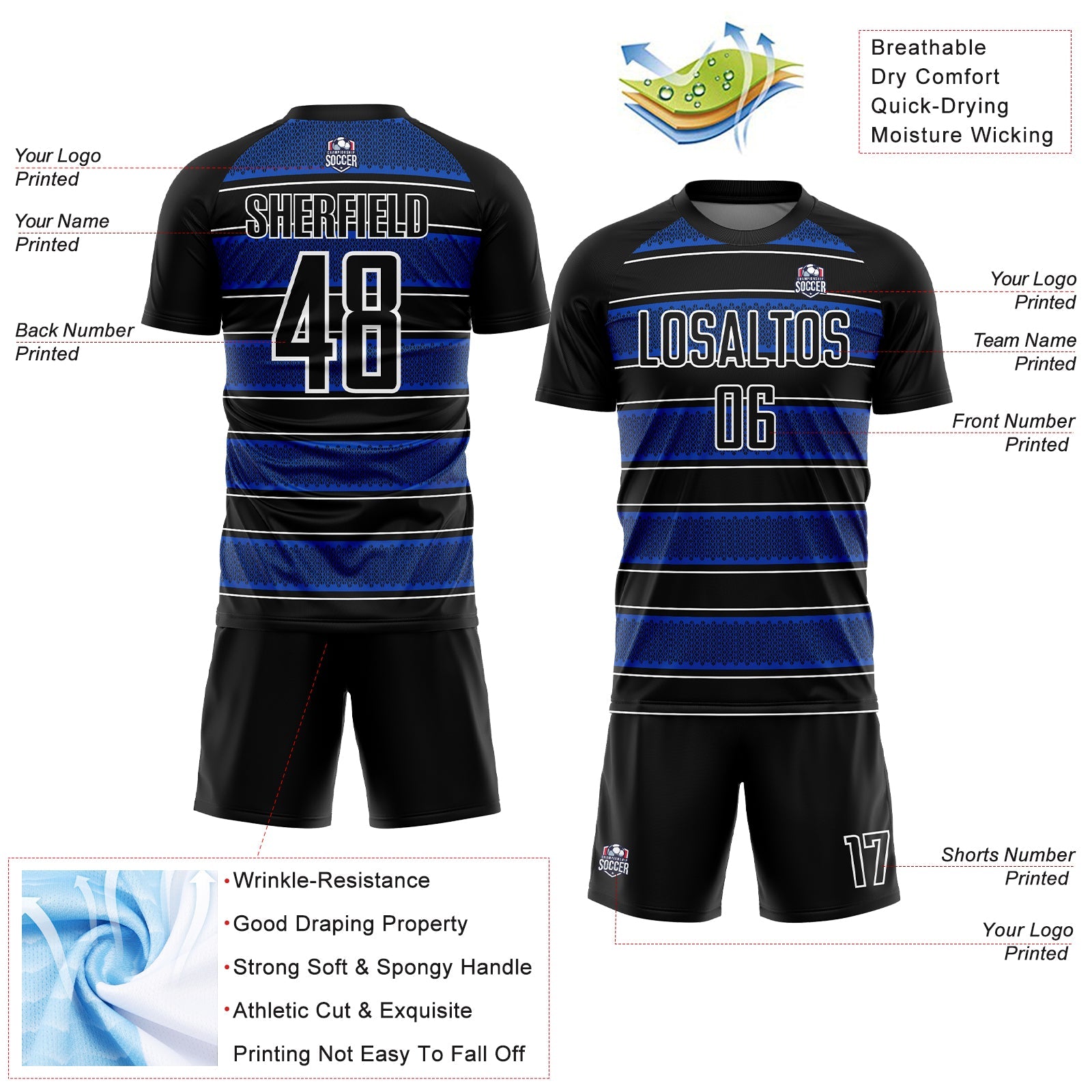 Custom Black Thunder Blue-White Geometric Shapes And Line Sublimation Soccer Uniform Jersey view 4