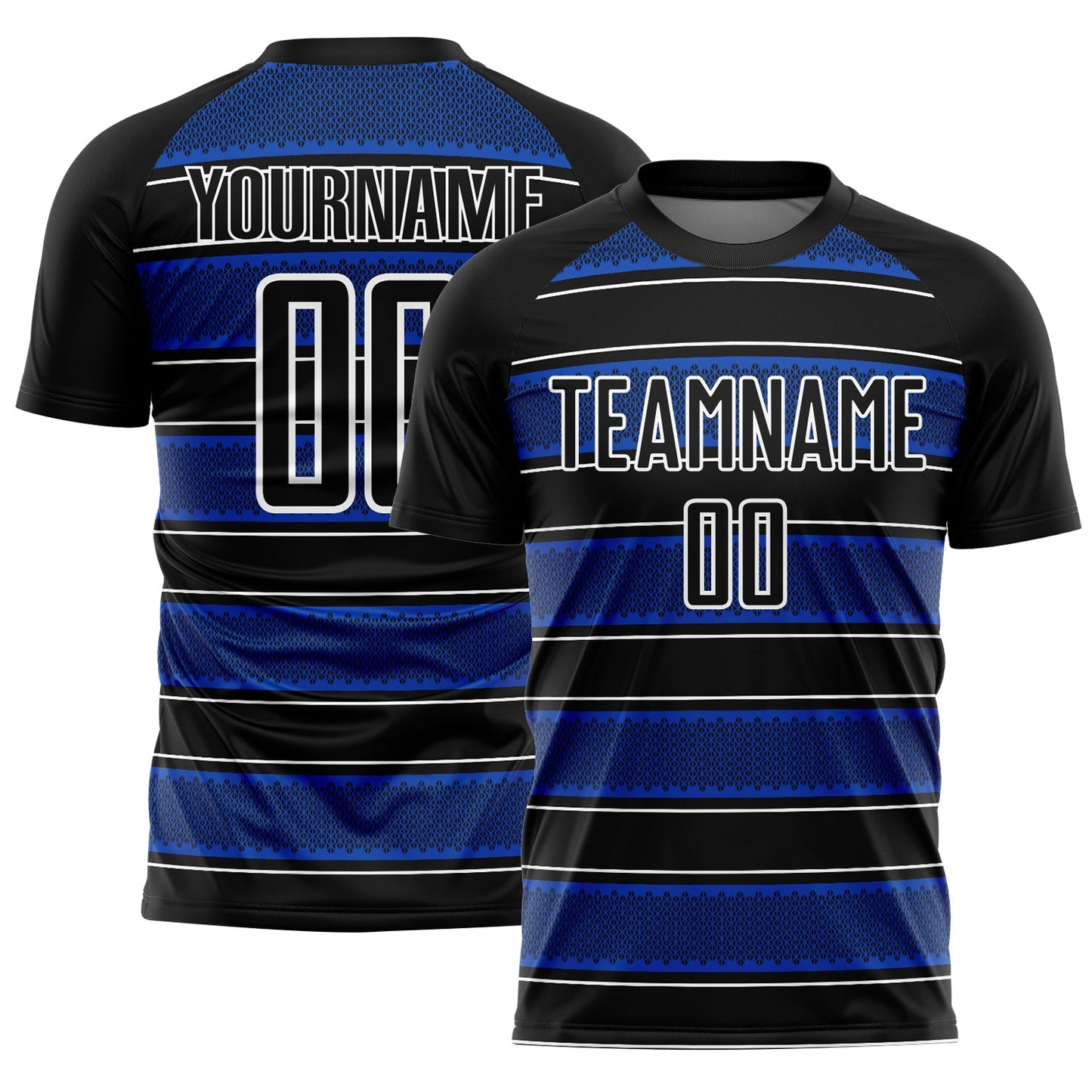 Custom Black Thunder Blue-White Geometric Shapes And Line Sublimation Soccer Uniform Jersey - Main View