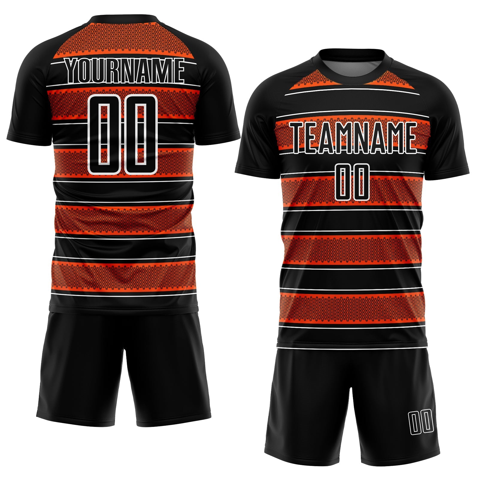 Custom Black Orange-White Geometric Shapes And Line Sublimation Soccer Uniform Jersey view 2