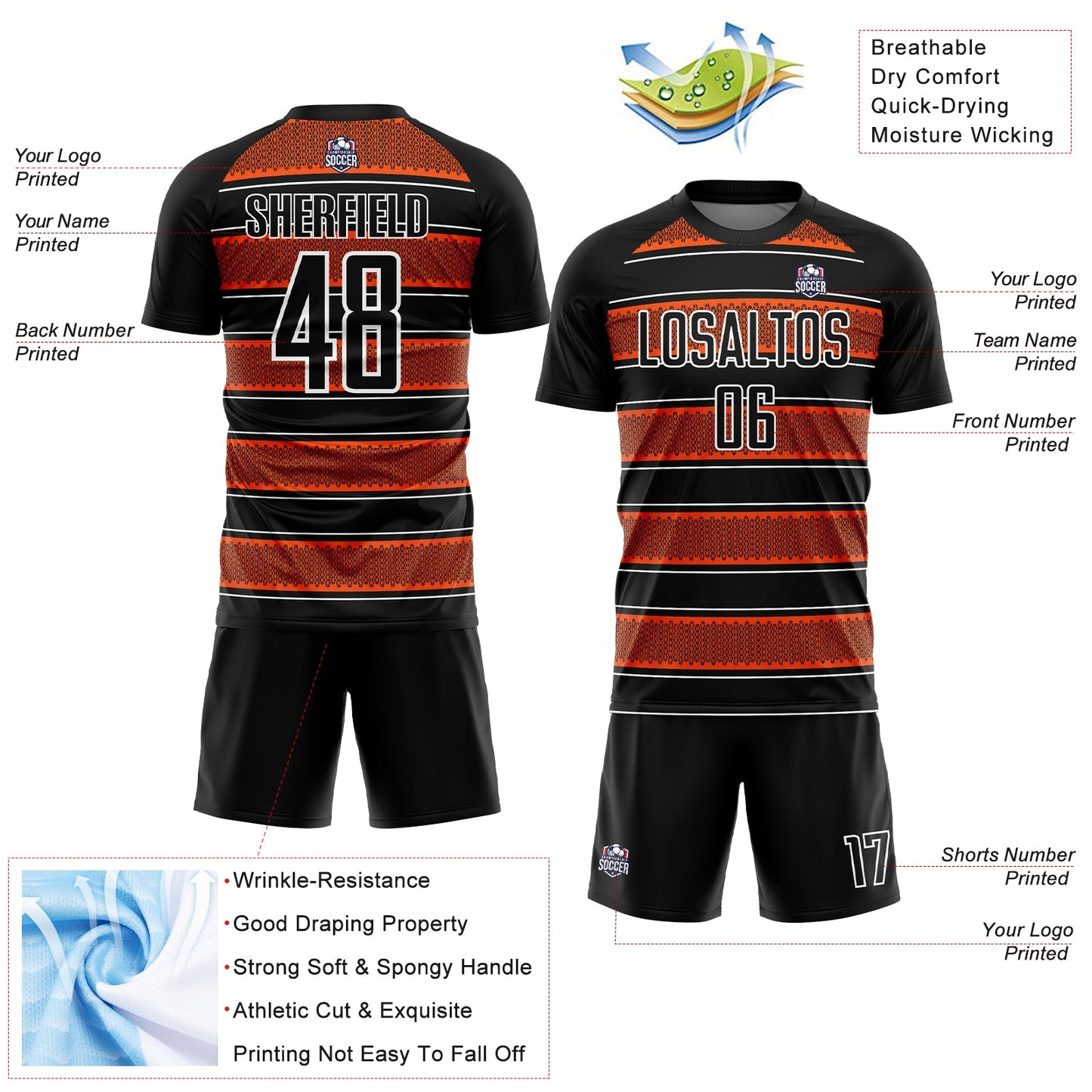 Custom Black Orange-White Geometric Shapes And Line Sublimation Soccer Uniform Jersey view 4
