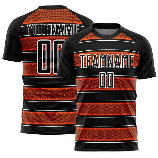 Custom Black Orange-White Geometric Shapes And Line Sublimation Soccer Uniform Jersey - Main View